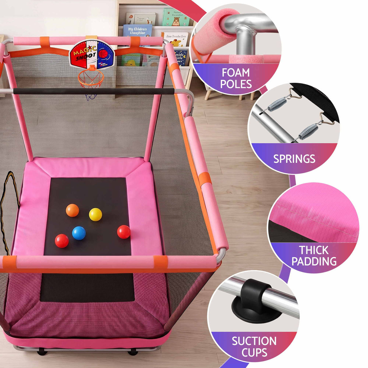 Everfit Kids 4.5FT Trampoline Rectangle Rebounder with Basketball Hoop Pink