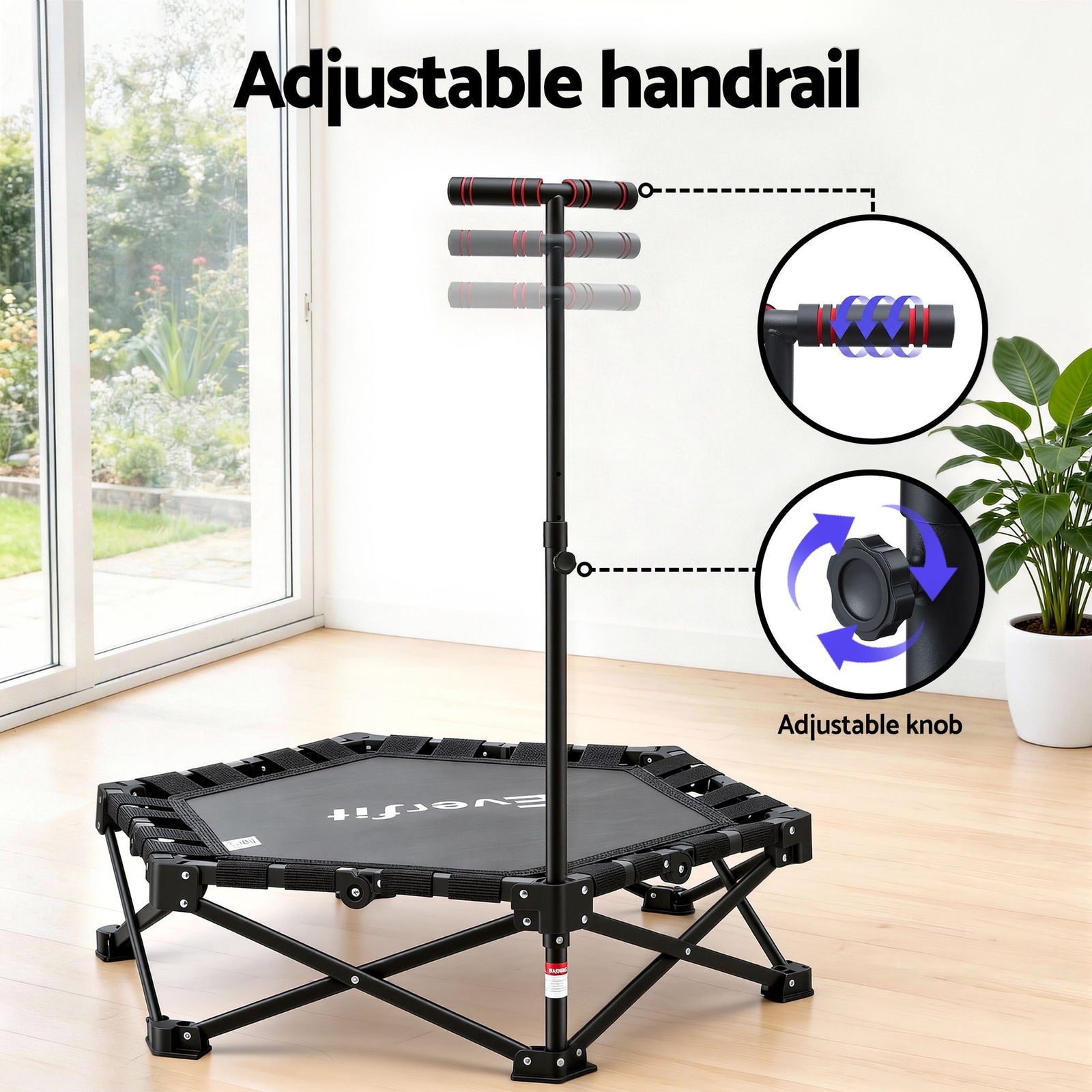 Fitness Foldable Trampoline Rebounder Adjustable Handle Indoor Exercise Black