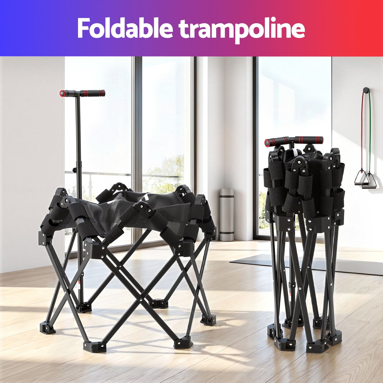 Fitness Foldable Trampoline Rebounder Adjustable Handle Indoor Exercise Black