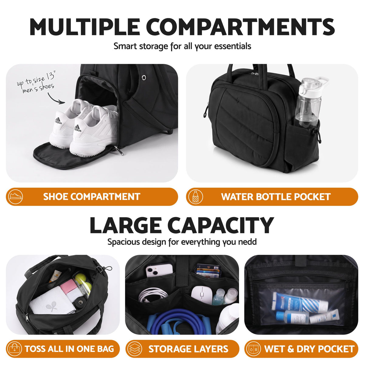 Tennis Tote Bag Gym Bag Sports Duffle Bags Holds 2 Rackets Black