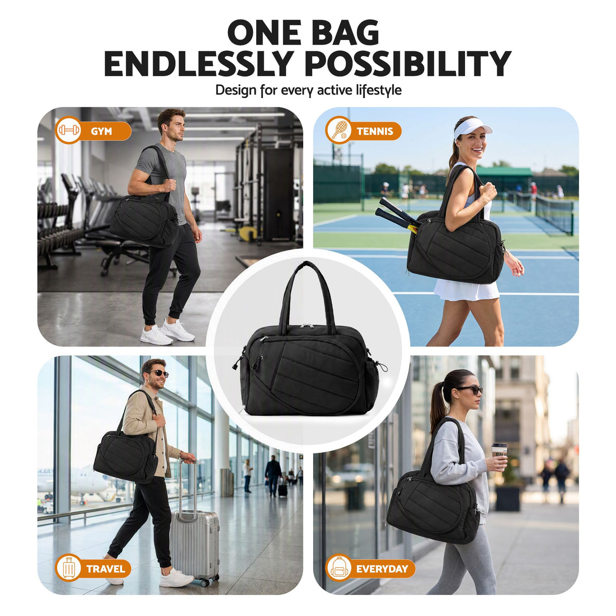 Tennis Tote Bag Gym Bag Sports Duffle Bags Holds 2 Rackets Black