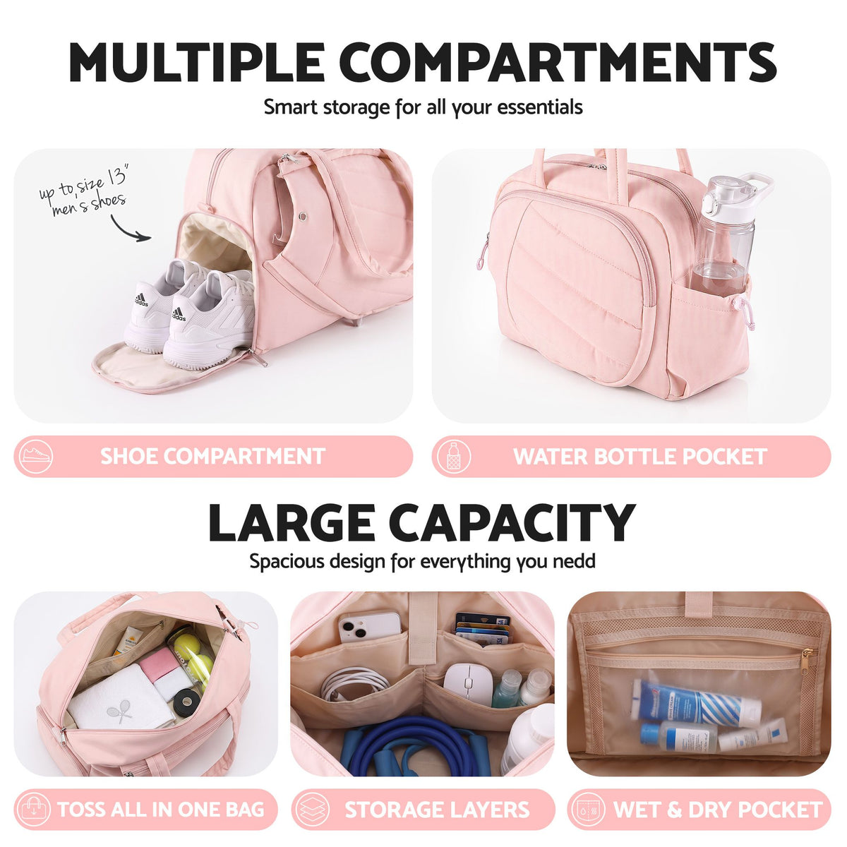 Tennis Tote Bag Gym Bag Sports Duffle Bags Holds 2 Rackets Pink