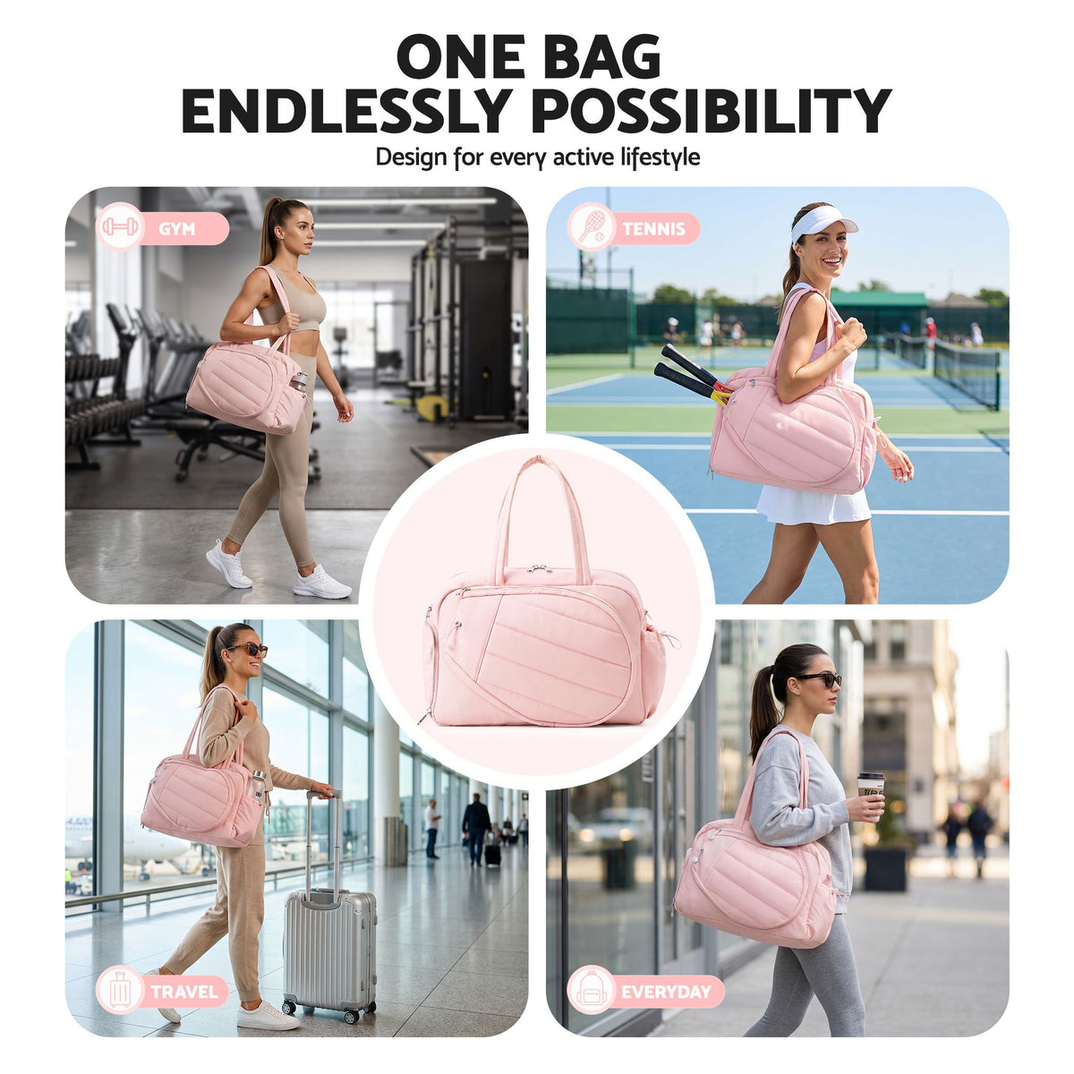 Tennis Tote Bag Gym Bag Sports Duffle Bags Holds 2 Rackets Pink