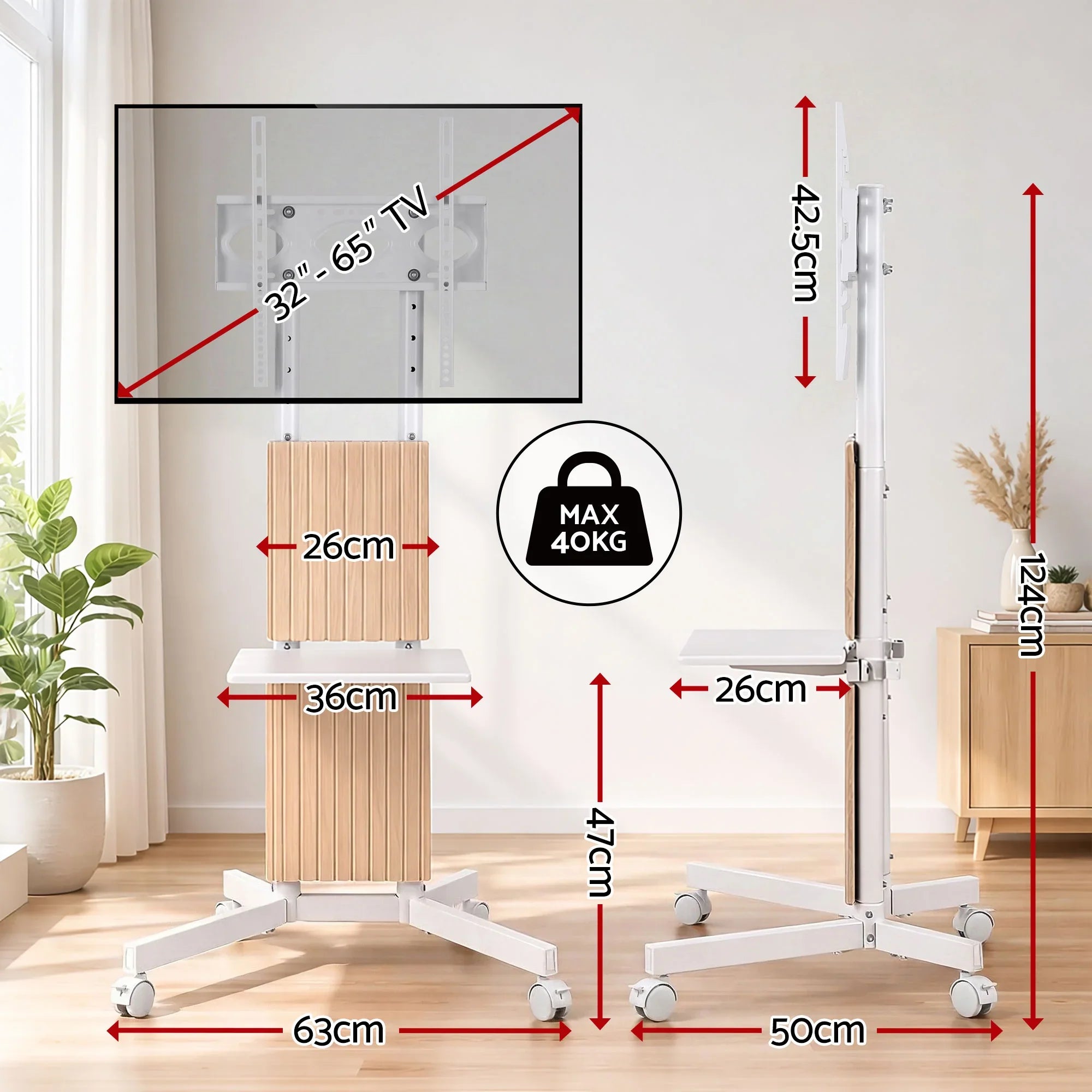 Mobile TV Floor Stand for 32-65" Mount Bracket Universal Adjustable Height with Wheels