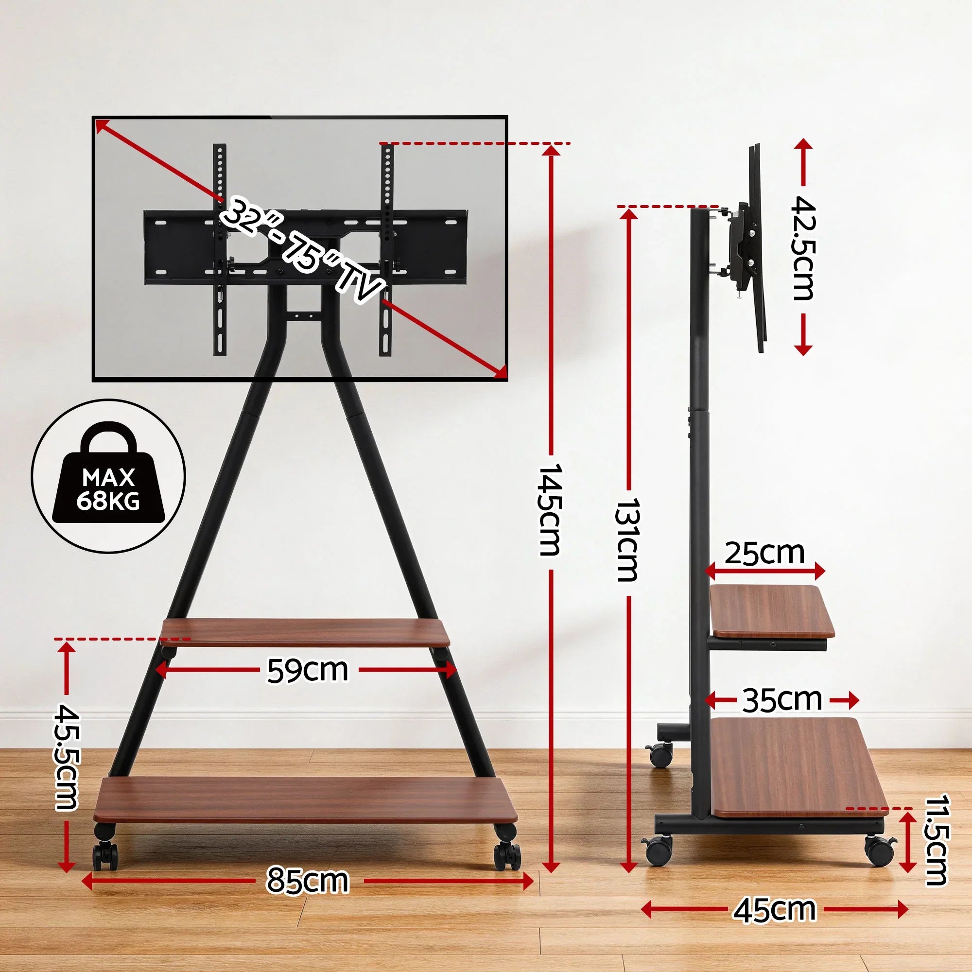 Mobile TV Stand Rolling Cart Wheels 32-75" Heavy Duty 133kg Mount Bracket