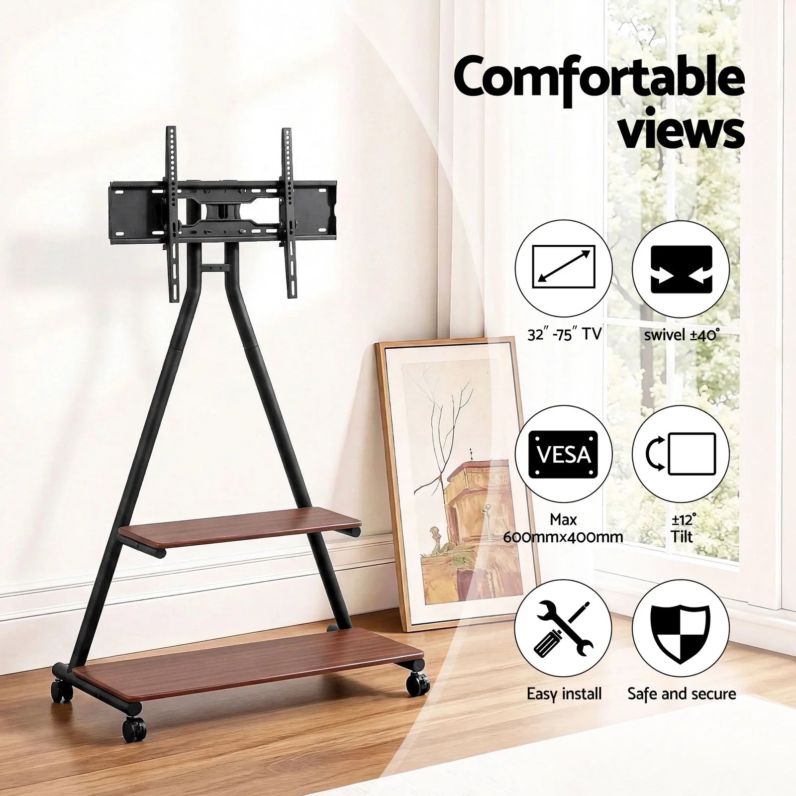 Mobile TV Stand Rolling Cart Wheels 32-75