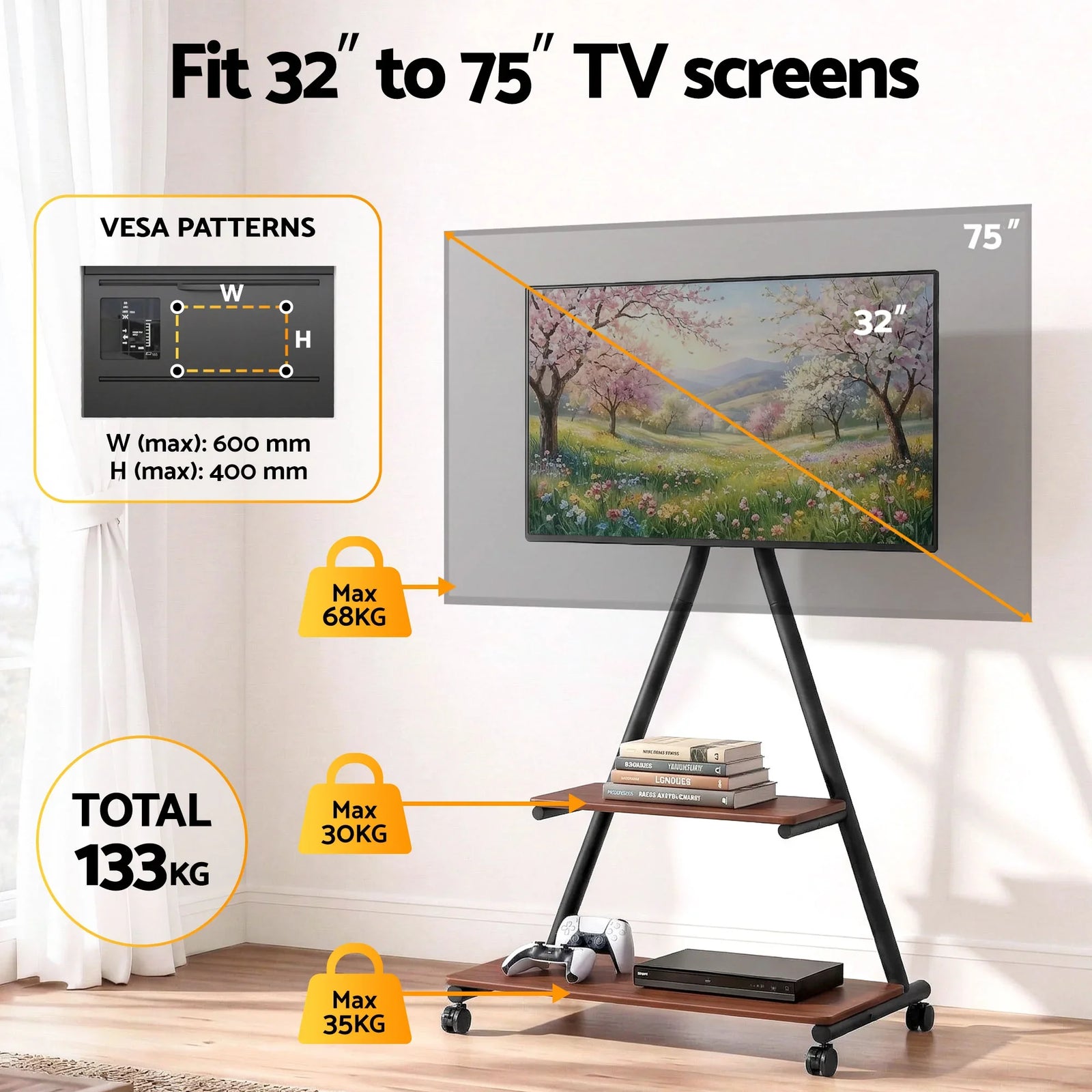 Mobile TV Stand Rolling Cart Wheels 32-75