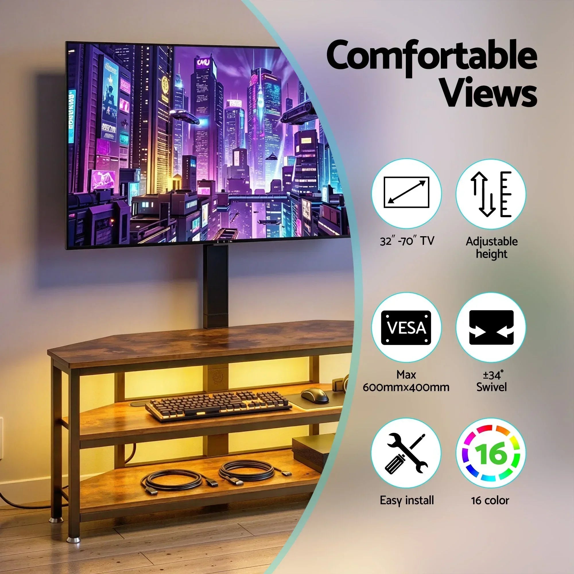 Corner TV Stand 32-70" w/ Mount LED Lights & Power Outlet Space Saving