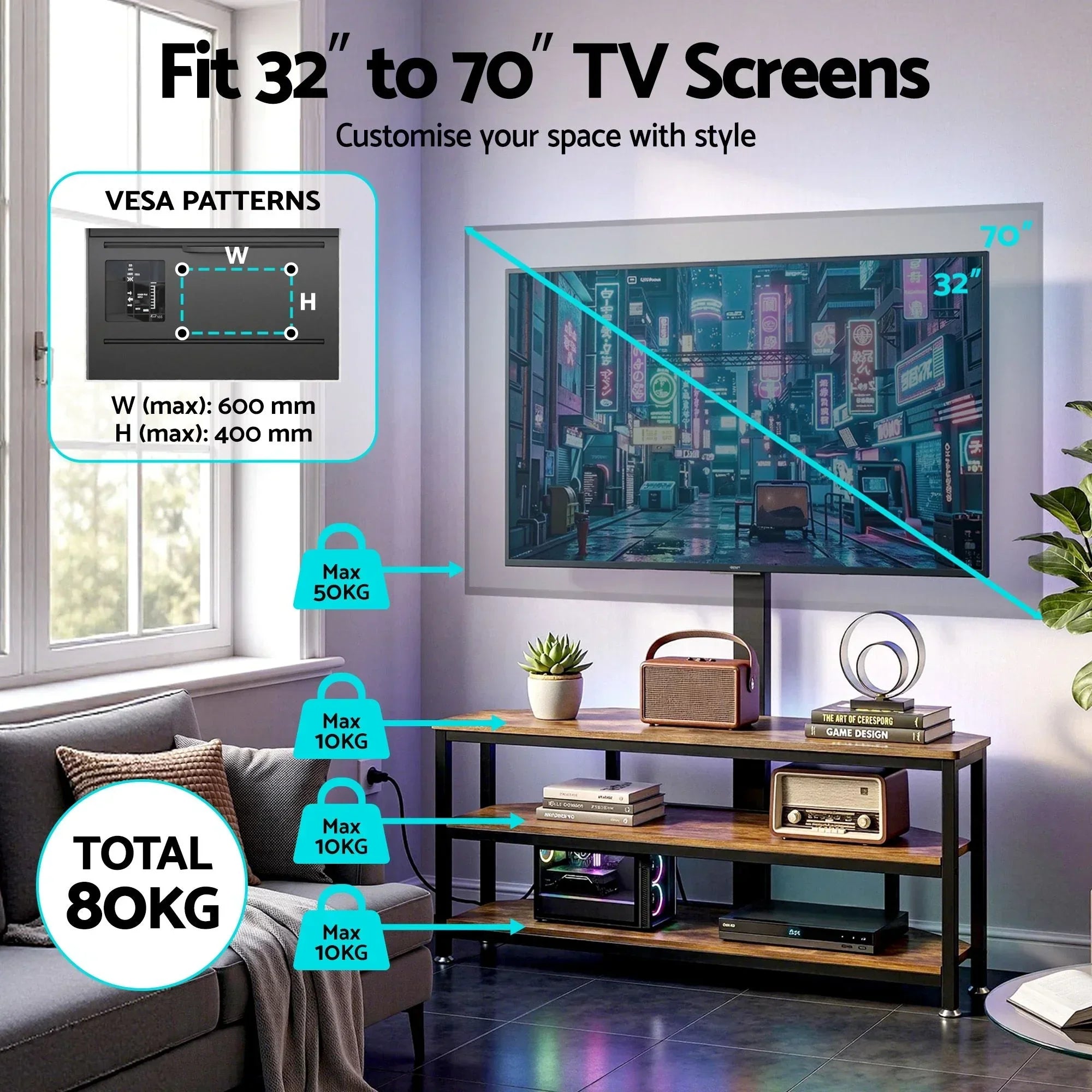 Corner TV Stand 32-70" w/ Mount LED Lights & Power Outlet Space Saving