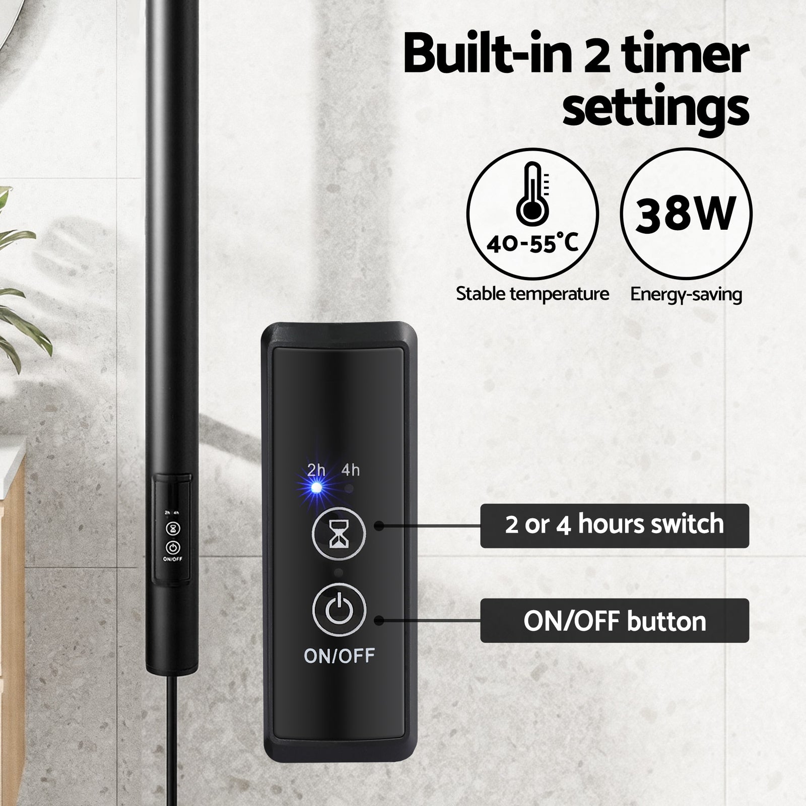 Heated Towel Rail with Timer Vertical Electric Heater Warmer Rack Black