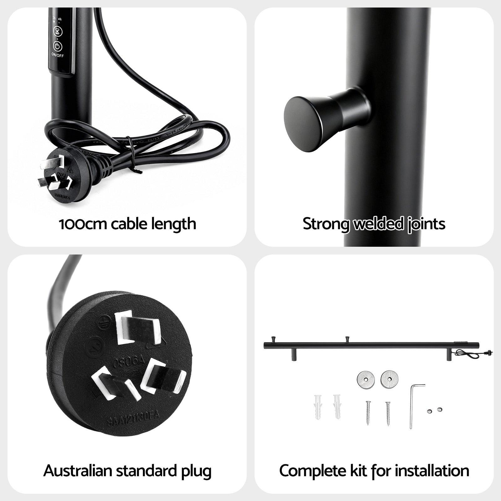 Heated Towel Rail with Timer Vertical Electric Heater Warmer Rack Black