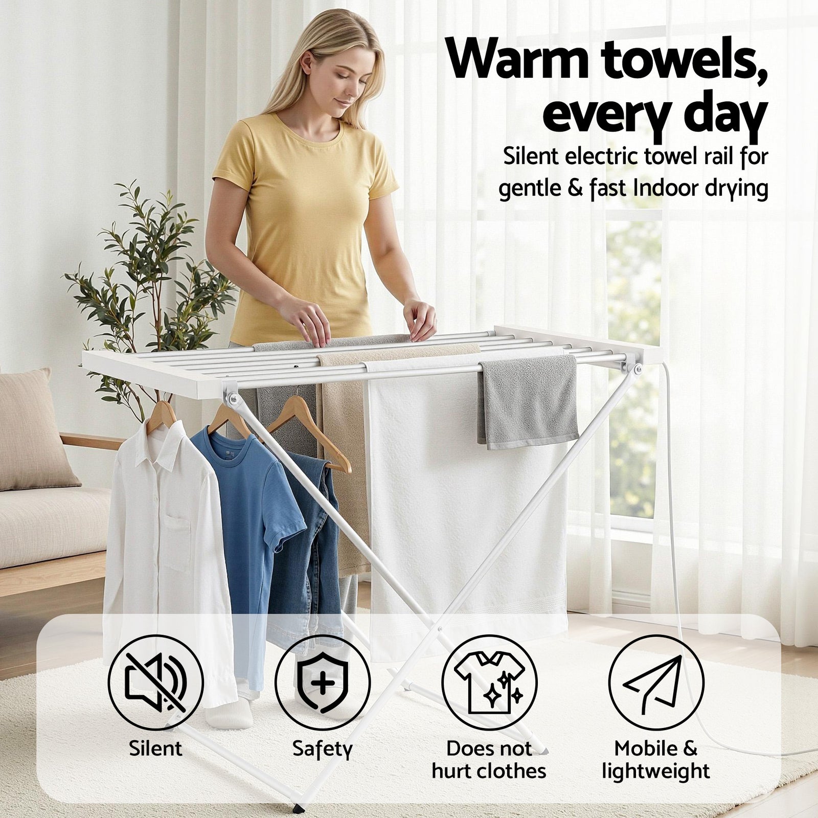 Heated Towel Rail Electric Clothes Airer Foldable Drying Rack 8 Bars