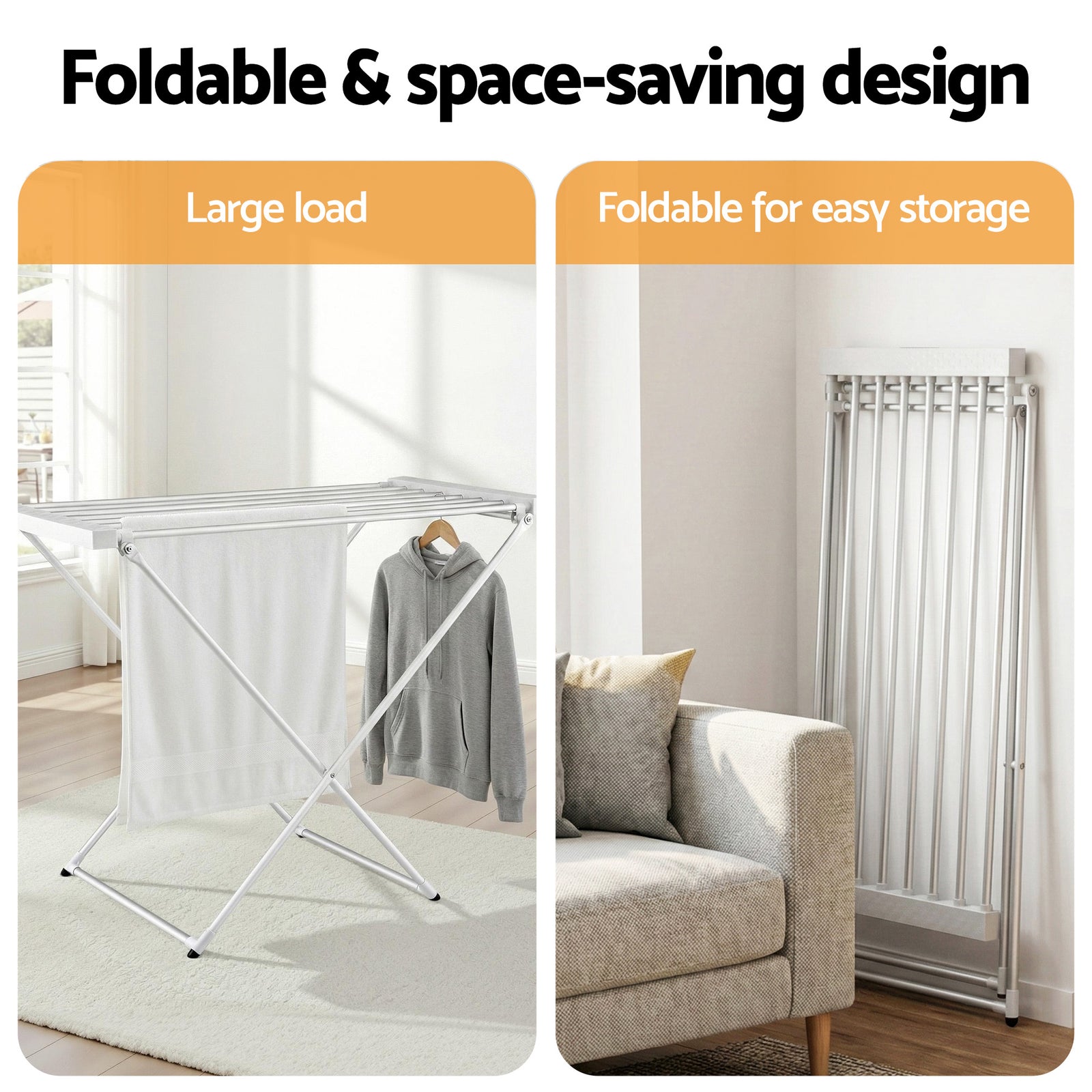 Heated Towel Rail Electric Clothes Airer Foldable Drying Rack 8 Bars