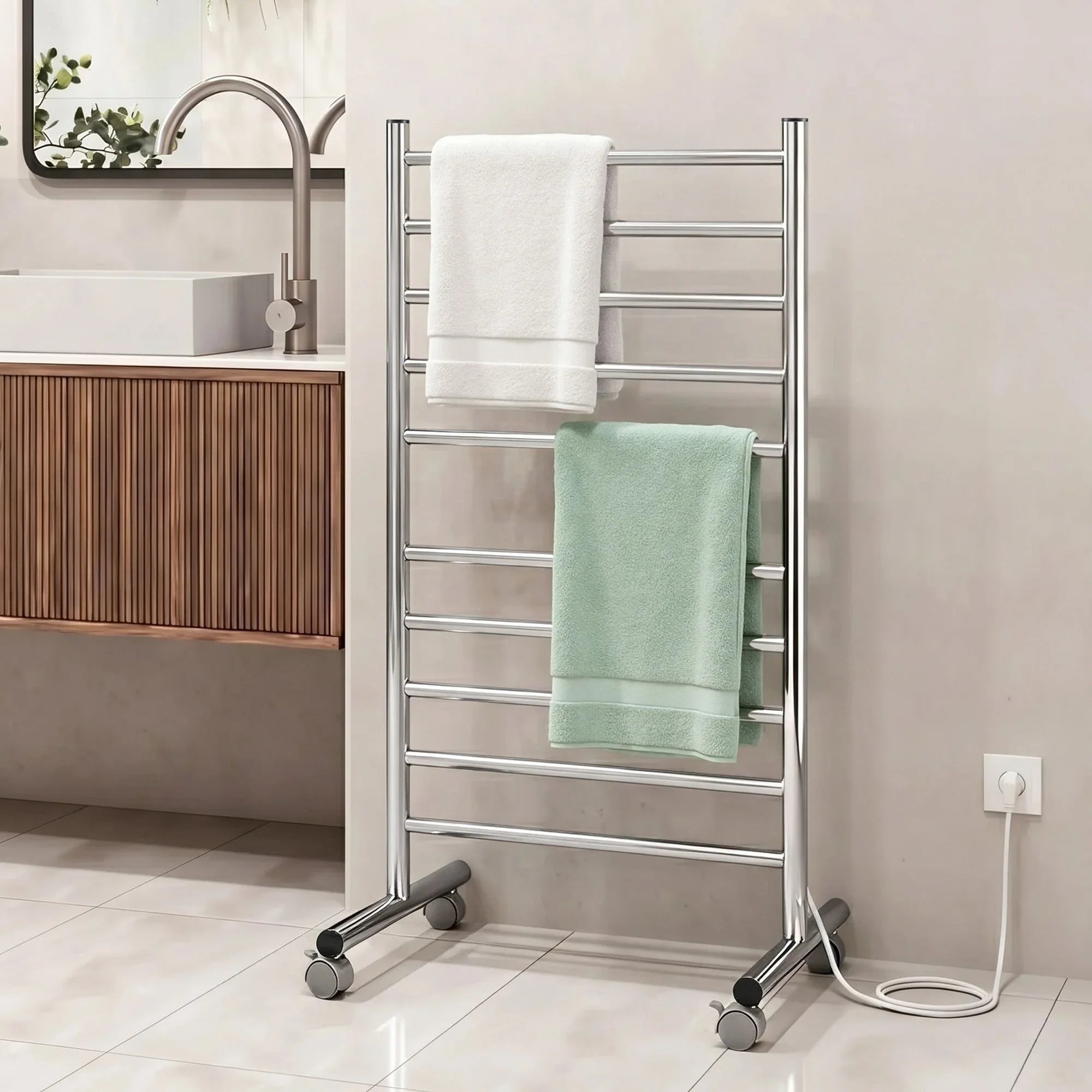 10‑Bar Heated Towel Rail – Freestanding 100W Fast‑Heat Stainless Steel