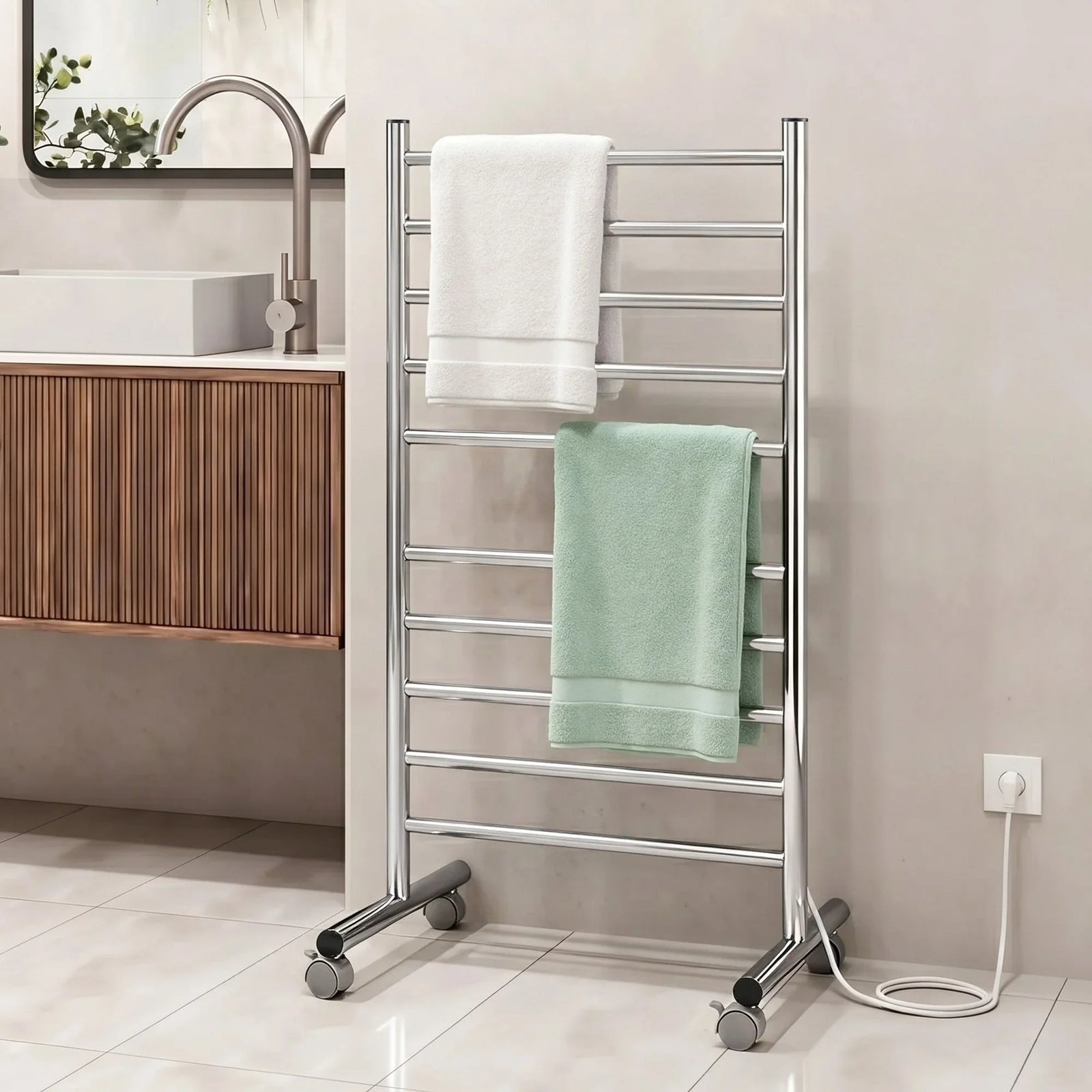 10‑Bar Heated Towel Rail – Freestanding 100W Fast‑Heat Stainless Steel