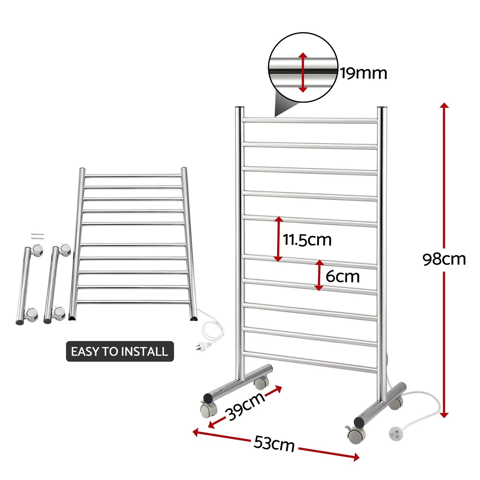 10‑Bar Heated Towel Rail – Freestanding 100W Fast‑Heat Stainless Steel