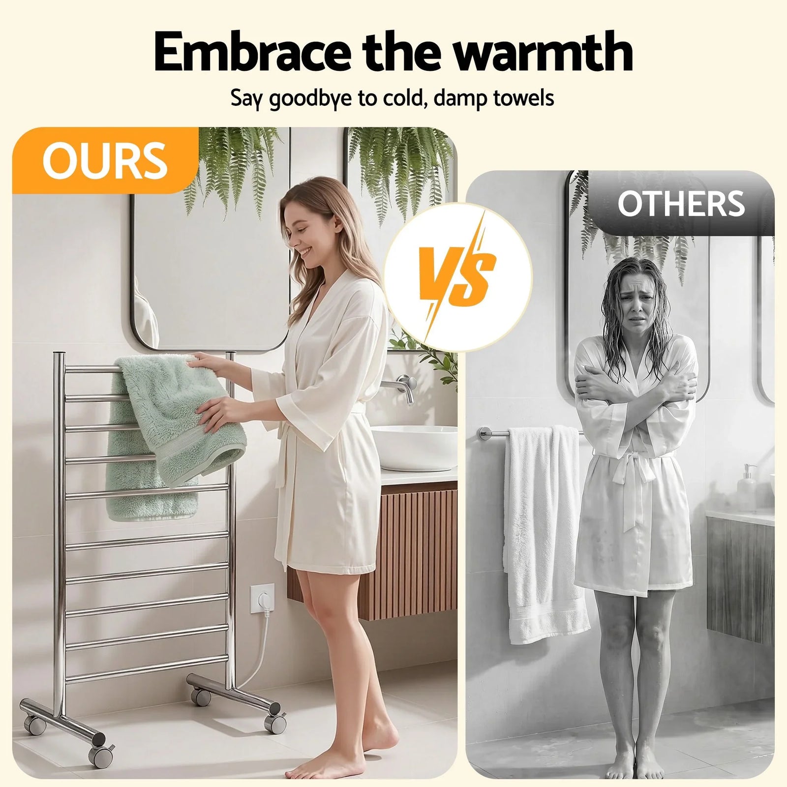 10‑Bar Heated Towel Rail – Freestanding 100W Fast‑Heat Stainless Steel