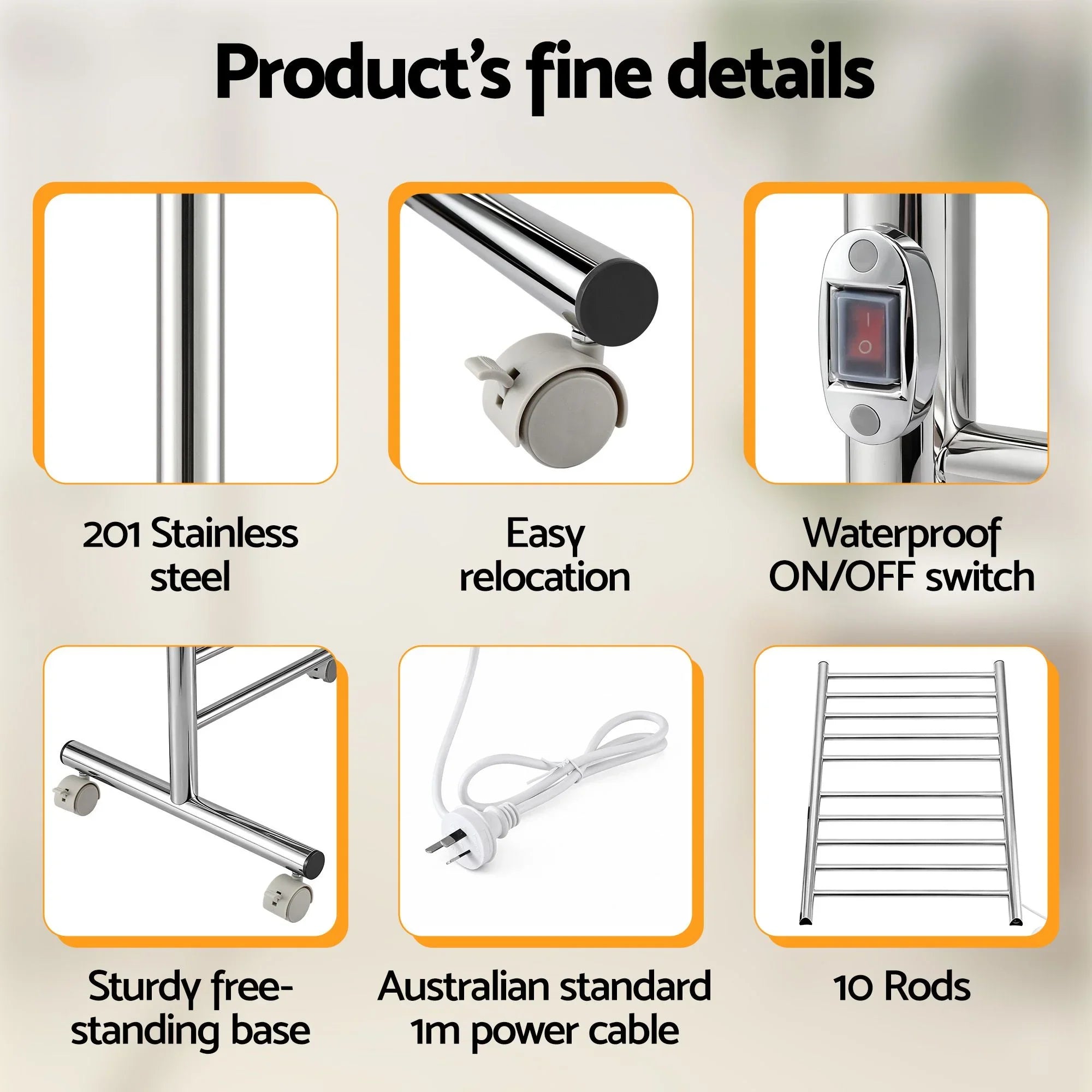 10‑Bar Heated Towel Rail – Freestanding 100W Fast‑Heat Stainless Steel