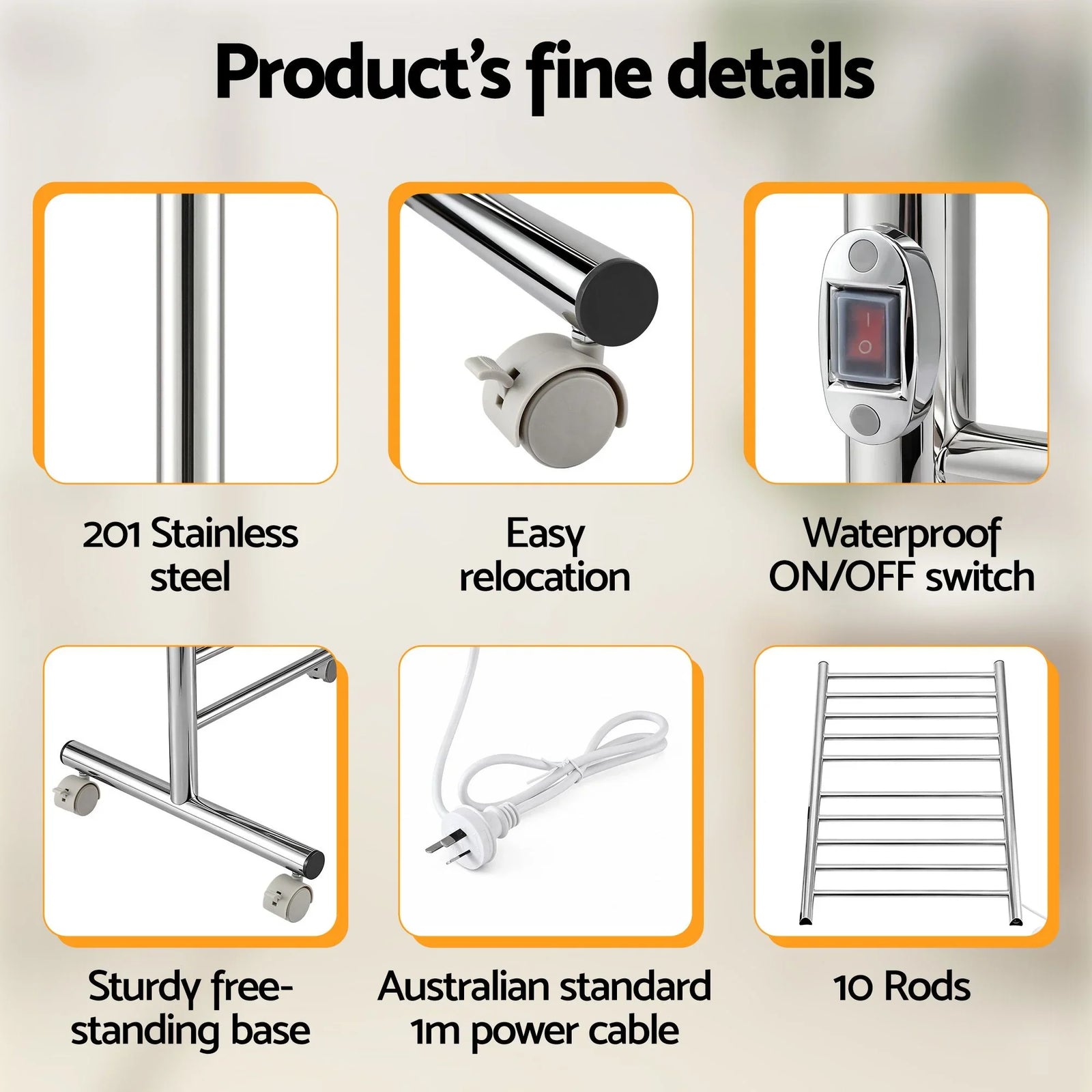 10‑Bar Heated Towel Rail – Freestanding 100W Fast‑Heat Stainless Steel
