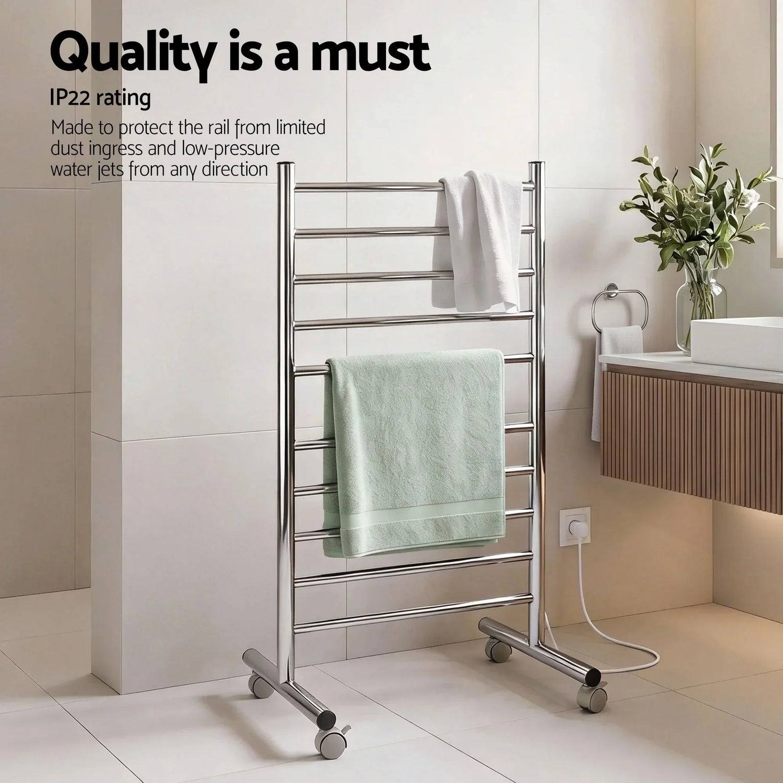 10‑Bar Heated Towel Rail – Freestanding 100W Fast‑Heat Stainless Steel