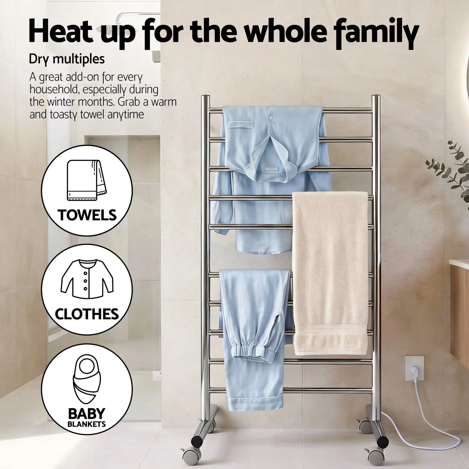 10‑Bar Heated Towel Rail – Freestanding 100W Fast‑Heat Stainless Steel