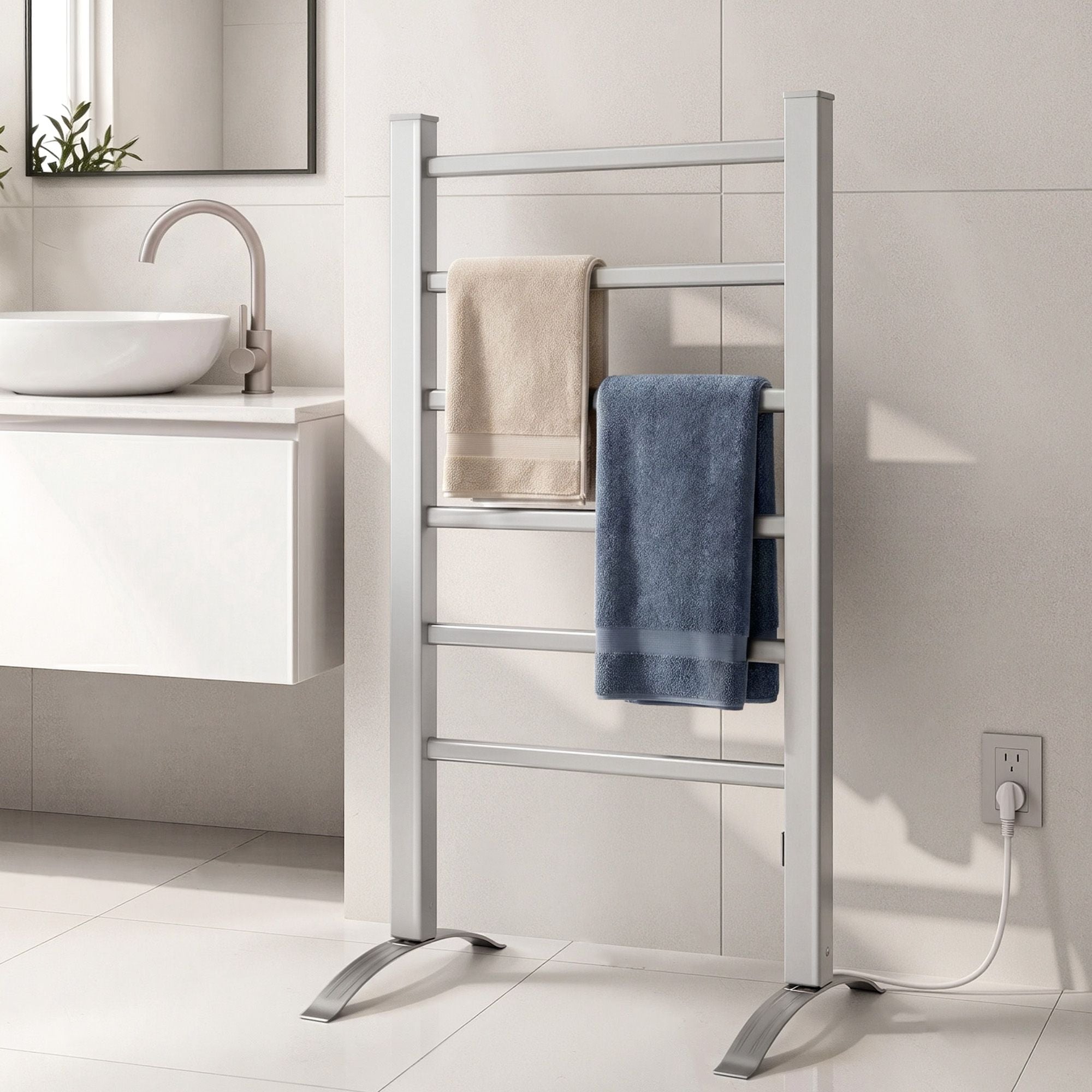Electric Heated Towel Rail 6 Bar Freestanding Aluminium 100W Portable
