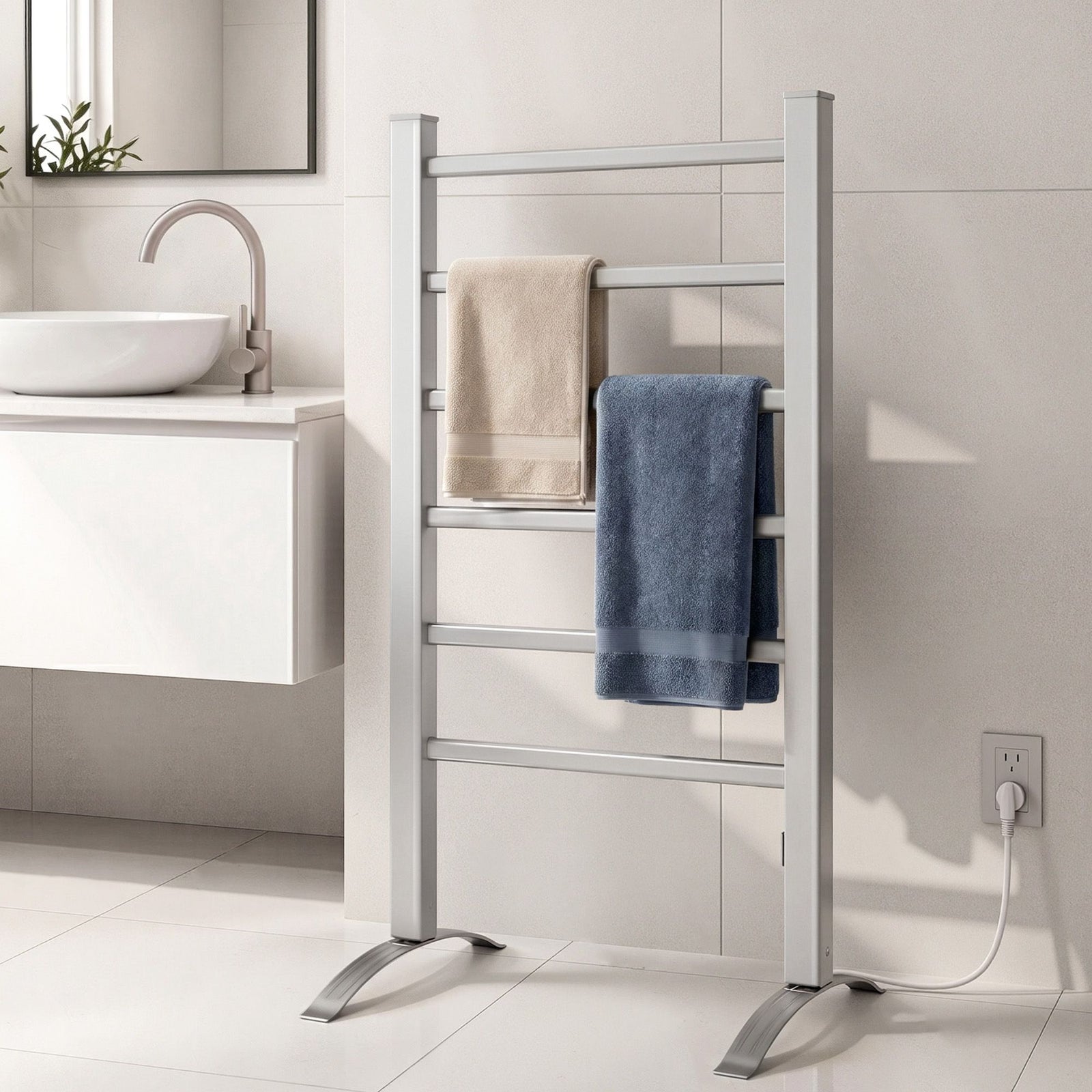 Electric Heated Towel Rail 6 Bar Freestanding Aluminium 100W Portable