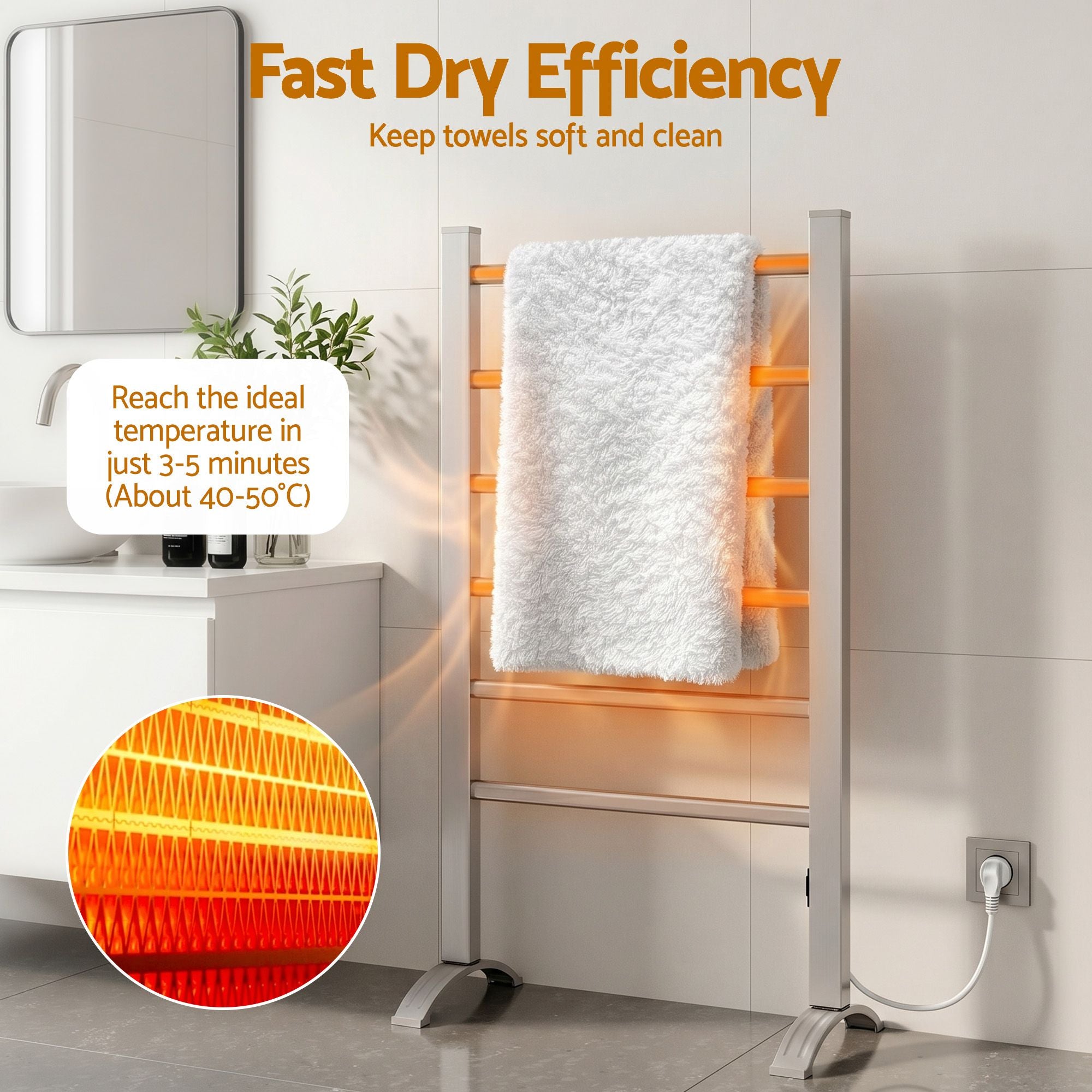 Electric Heated Towel Rail 6 Bar Freestanding Aluminium 100W Portable