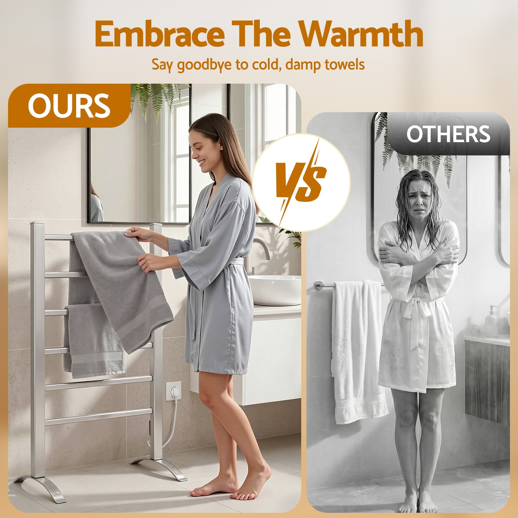 Electric Heated Towel Rail 6 Bar Freestanding Aluminium 100W Portable