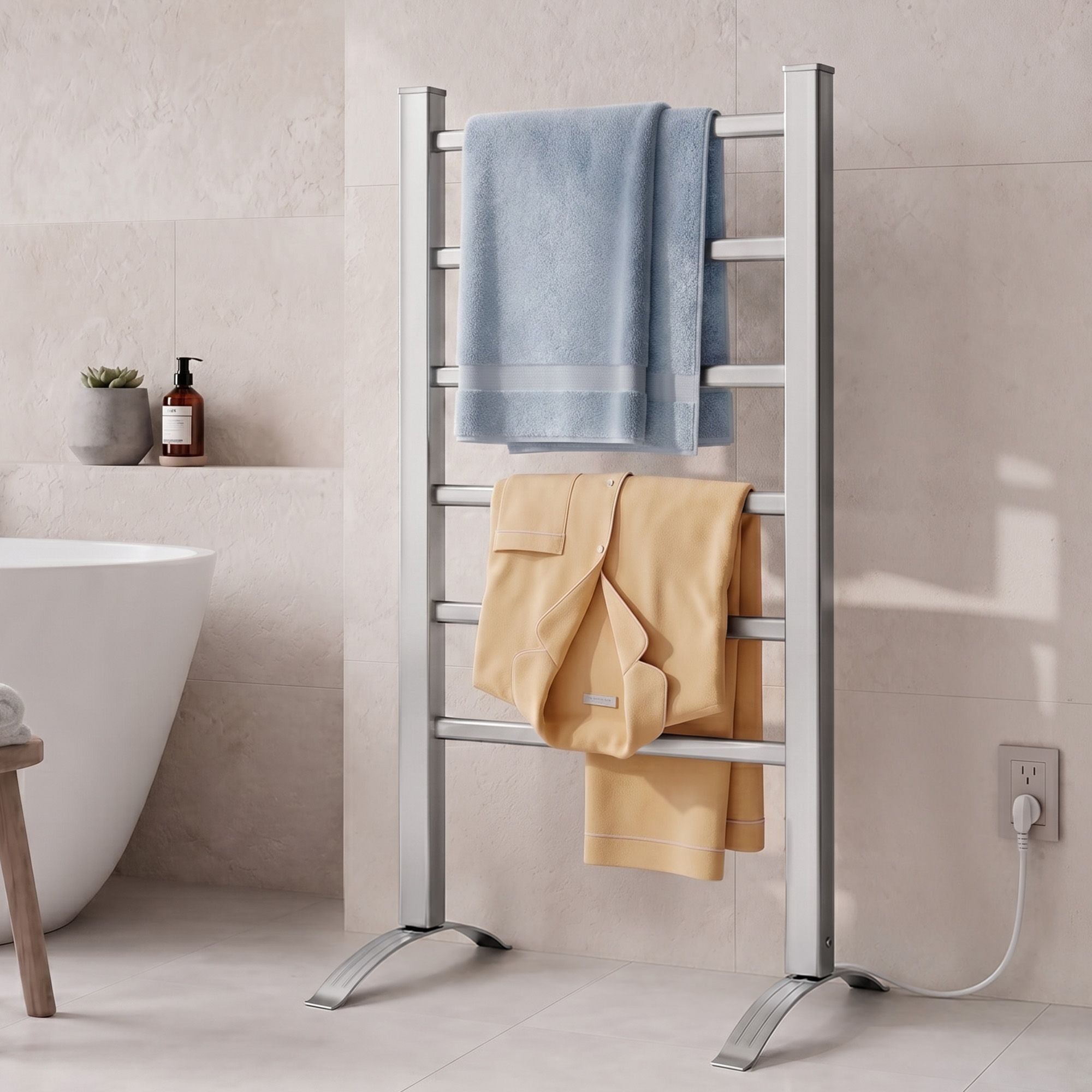 Heated Towel Rail – Freestanding 6‑Rod, 40–50°C, 2/4‑Hr Timer, 100W