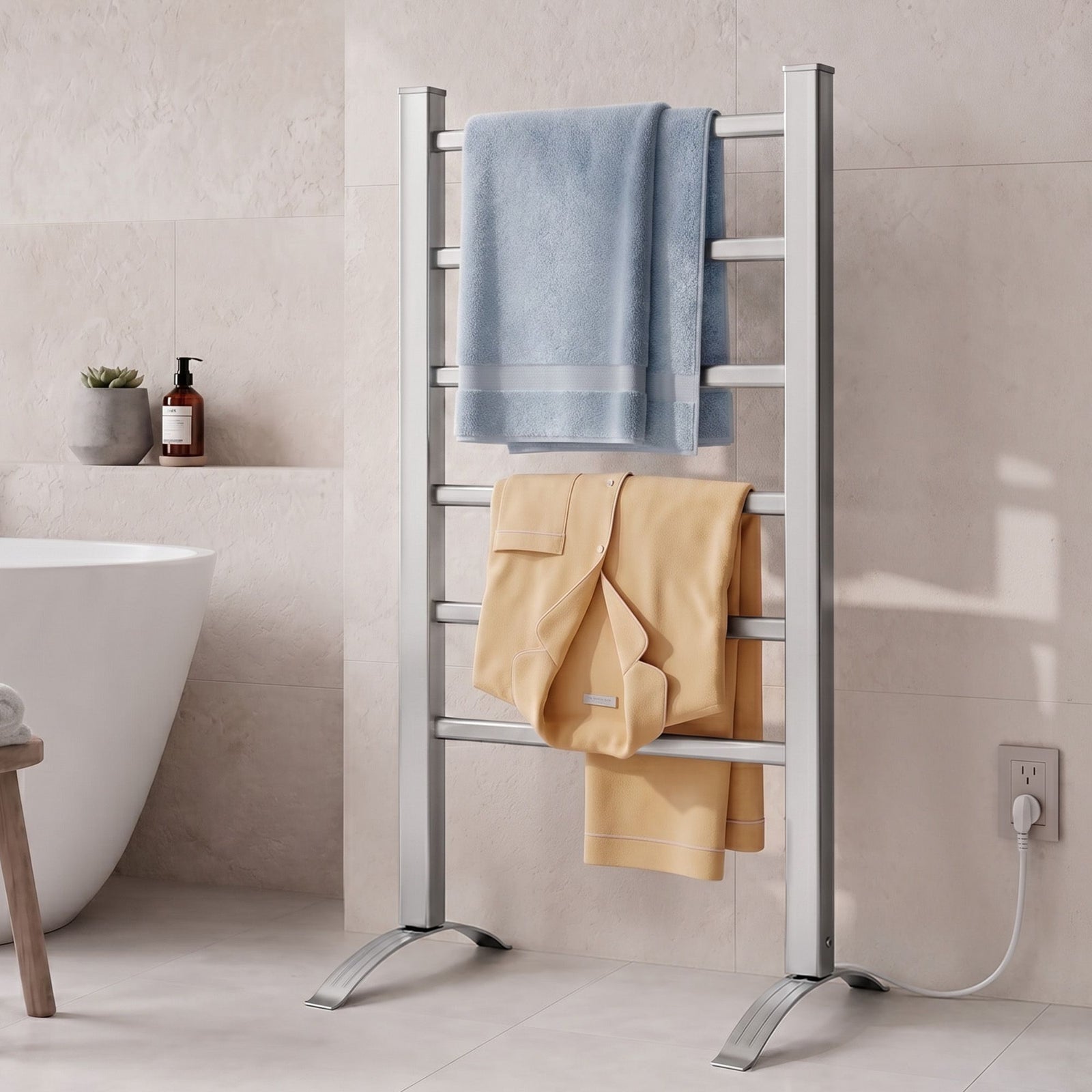Heated Towel Rail – Freestanding 6‑Rod, 40–50°C, 2/4‑Hr Timer, 100W