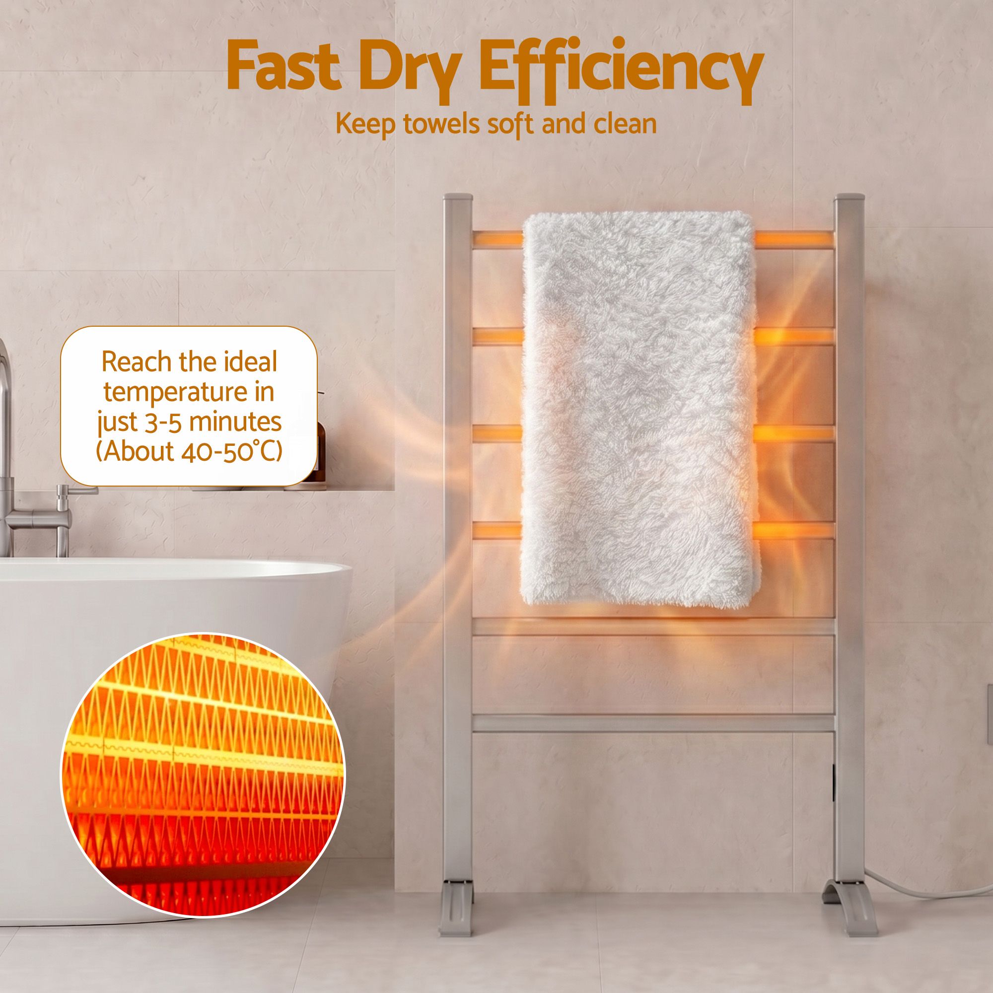 Heated Towel Rail – Freestanding 6‑Rod, 40–50°C, 2/4‑Hr Timer, 100W