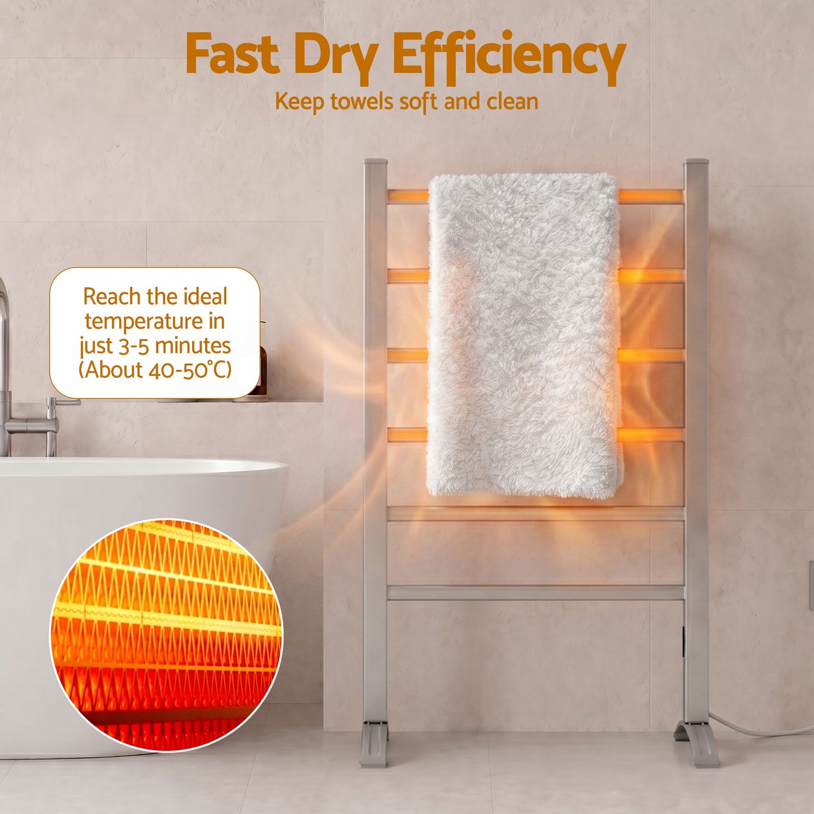 Heated Towel Rail – Freestanding 6‑Rod, 40–50°C, 2/4‑Hr Timer, 100W