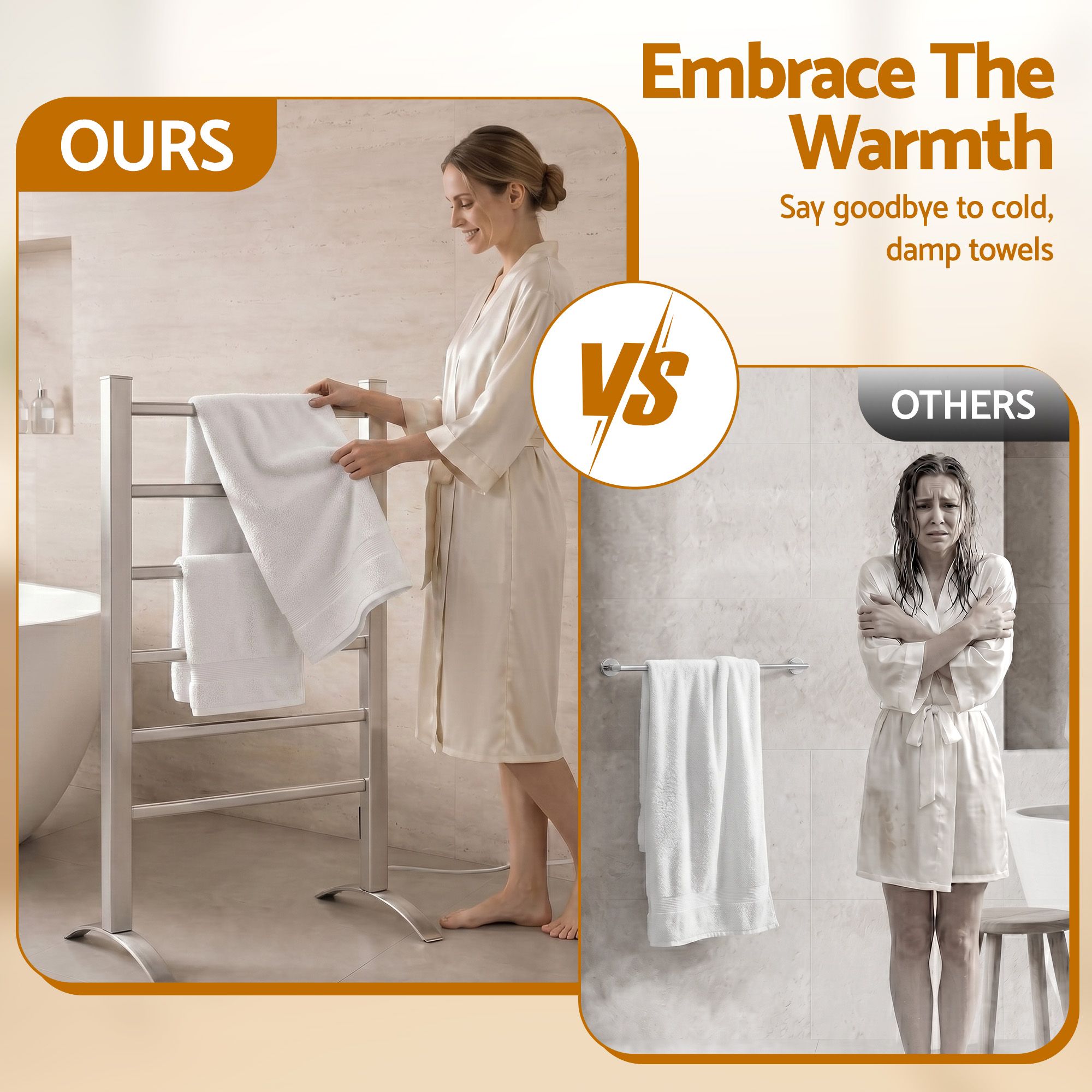 Heated Towel Rail – Freestanding 6‑Rod, 40–50°C, 2/4‑Hr Timer, 100W
