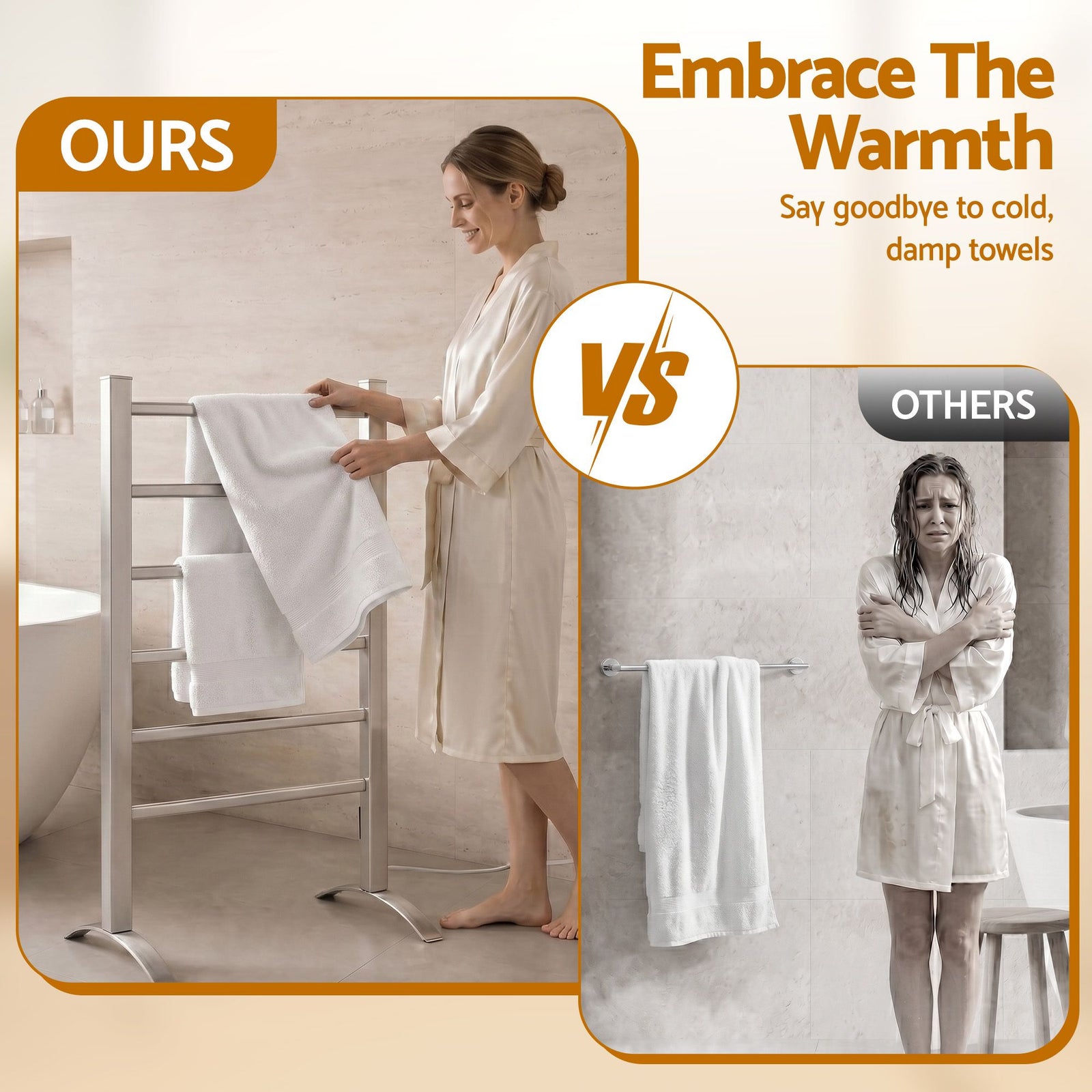 Heated Towel Rail – Freestanding 6‑Rod, 40–50°C, 2/4‑Hr Timer, 100W