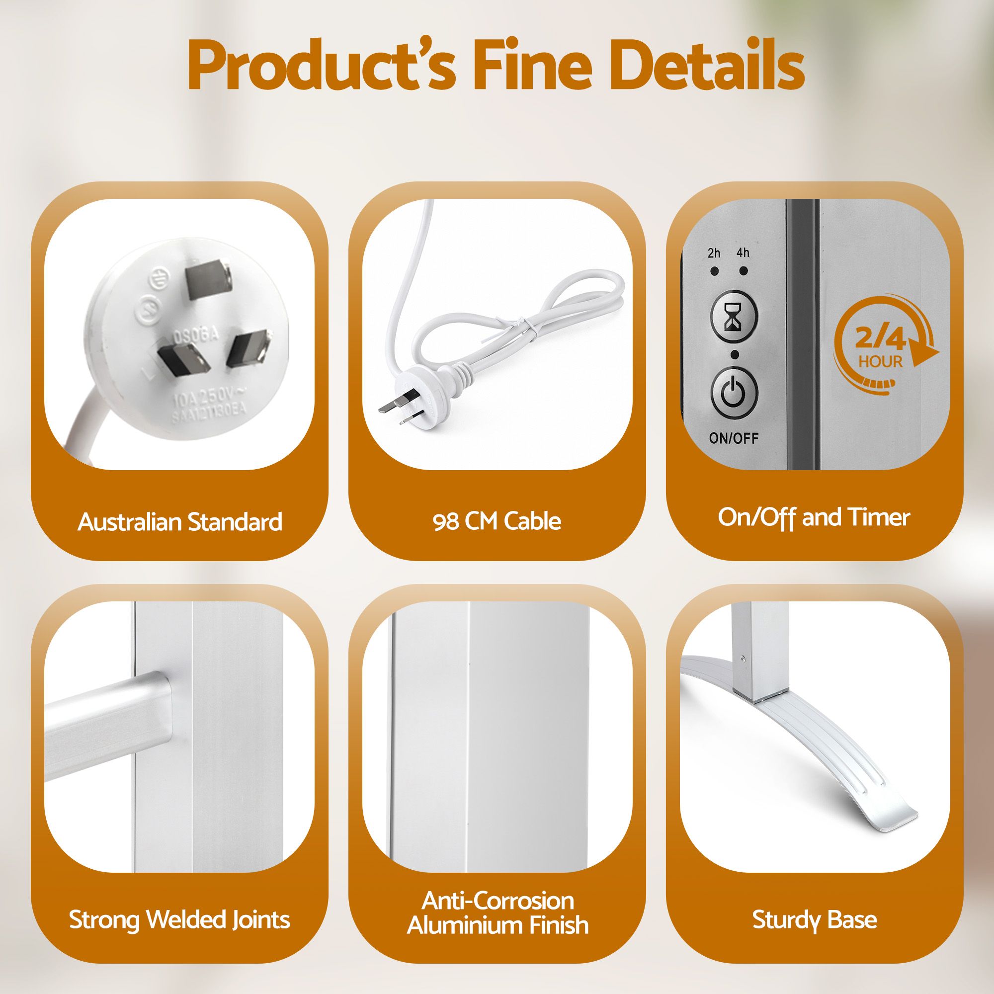 Heated Towel Rail – Freestanding 6‑Rod, 40–50°C, 2/4‑Hr Timer, 100W
