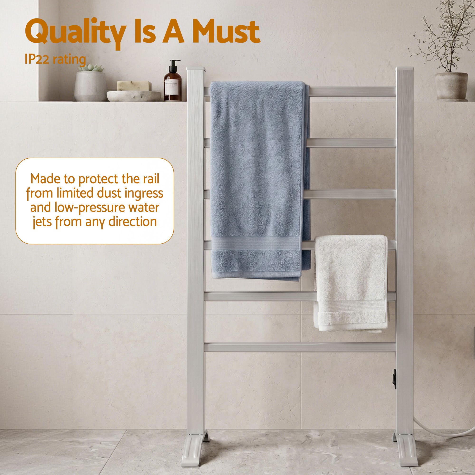 Heated Towel Rail – Freestanding 6‑Rod, 40–50°C, 2/4‑Hr Timer, 100W
