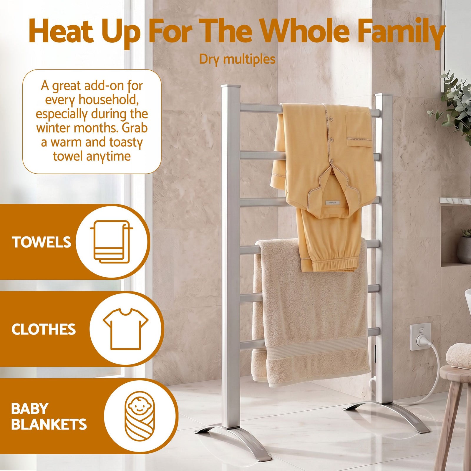 Heated Towel Rail – Freestanding 6‑Rod, 40–50°C, 2/4‑Hr Timer, 100W
