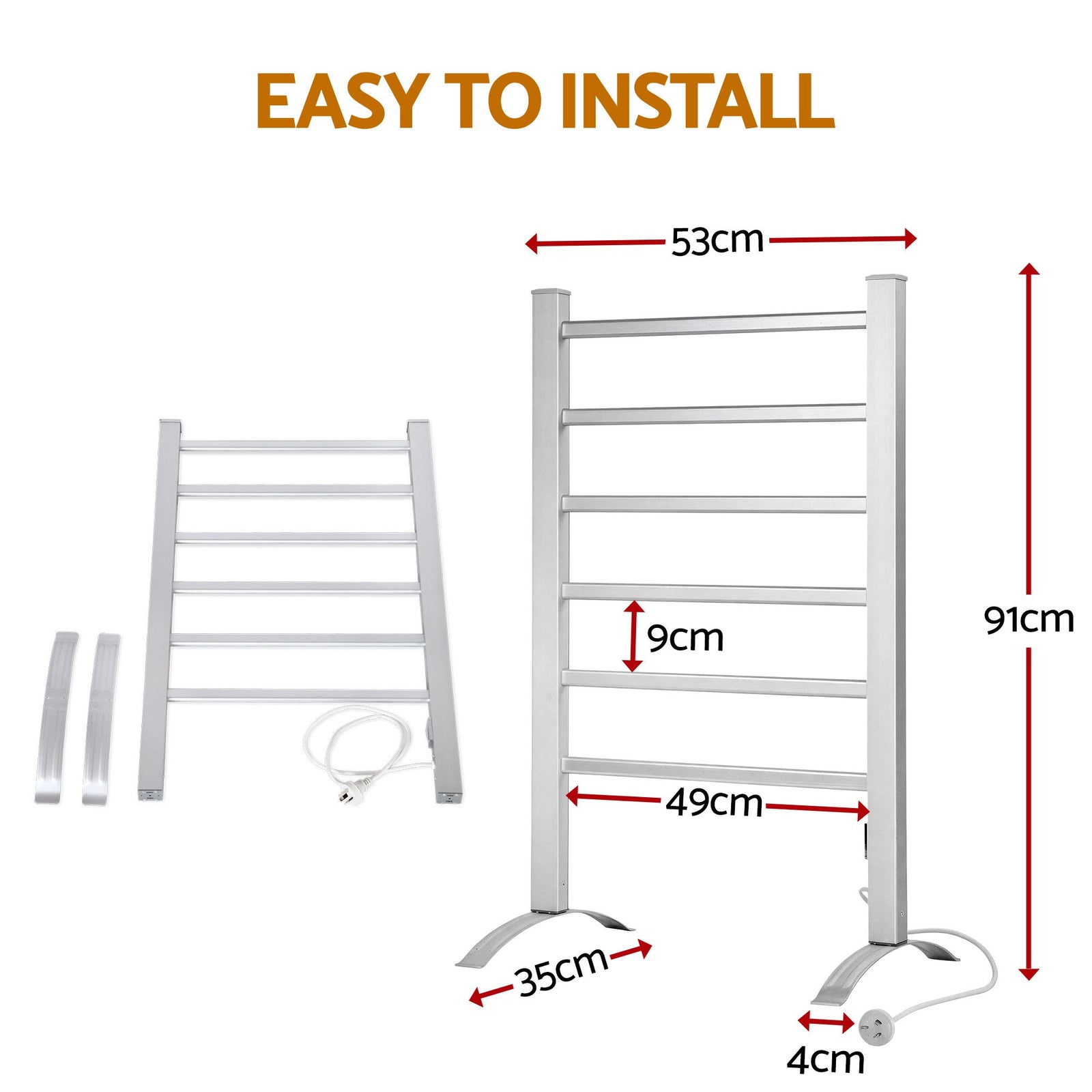 Heated Towel Rail – Freestanding 6‑Rod, 40–50°C, 2/4‑Hr Timer, 100W