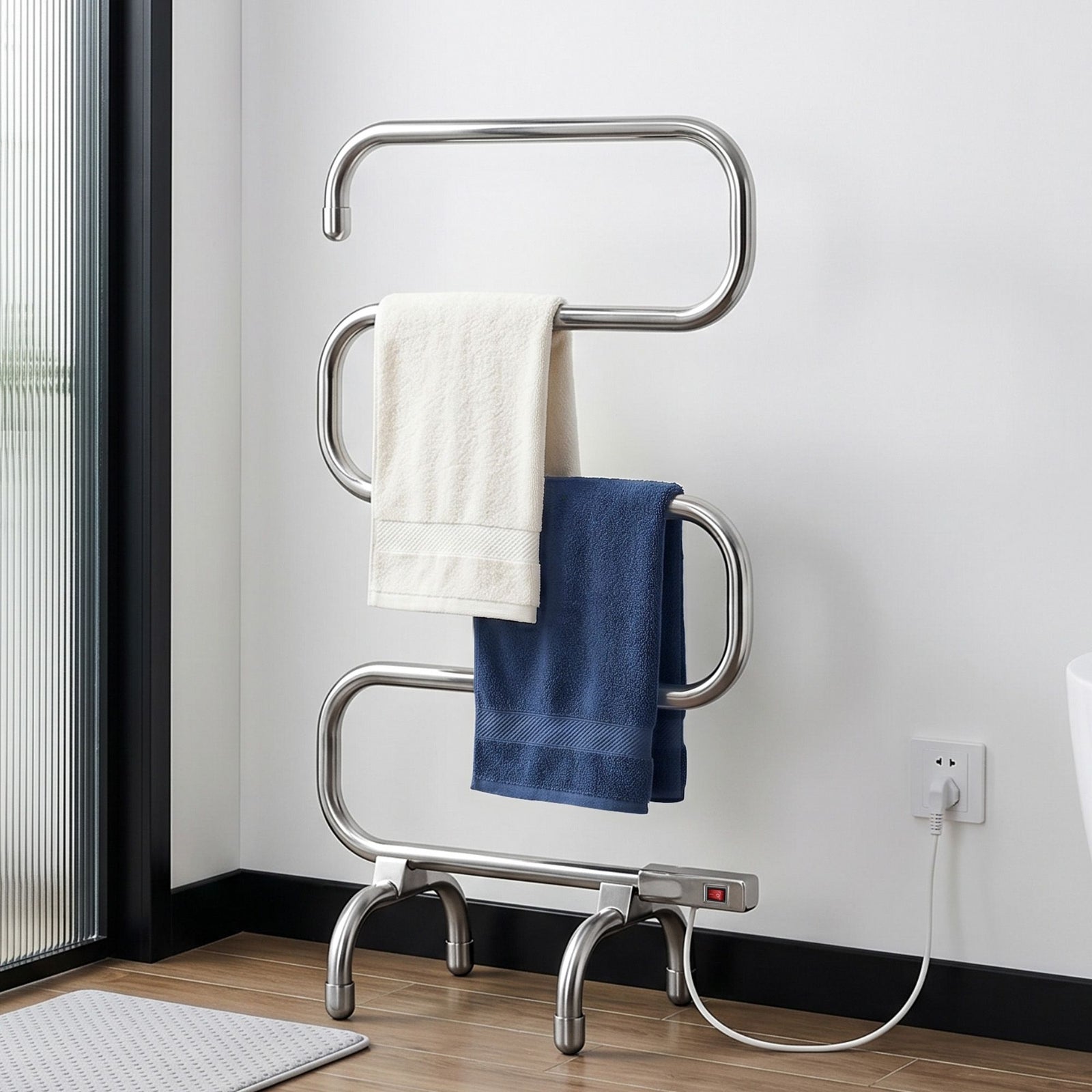 Heated Towel Rail – Freestanding 5‑Rung, 220W Stainless Steel, 40–50°C