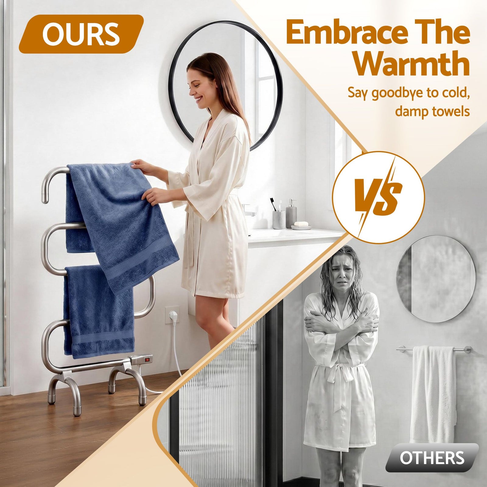 Heated Towel Rail – Freestanding 5‑Rung, 220W Stainless Steel, 40–50°C