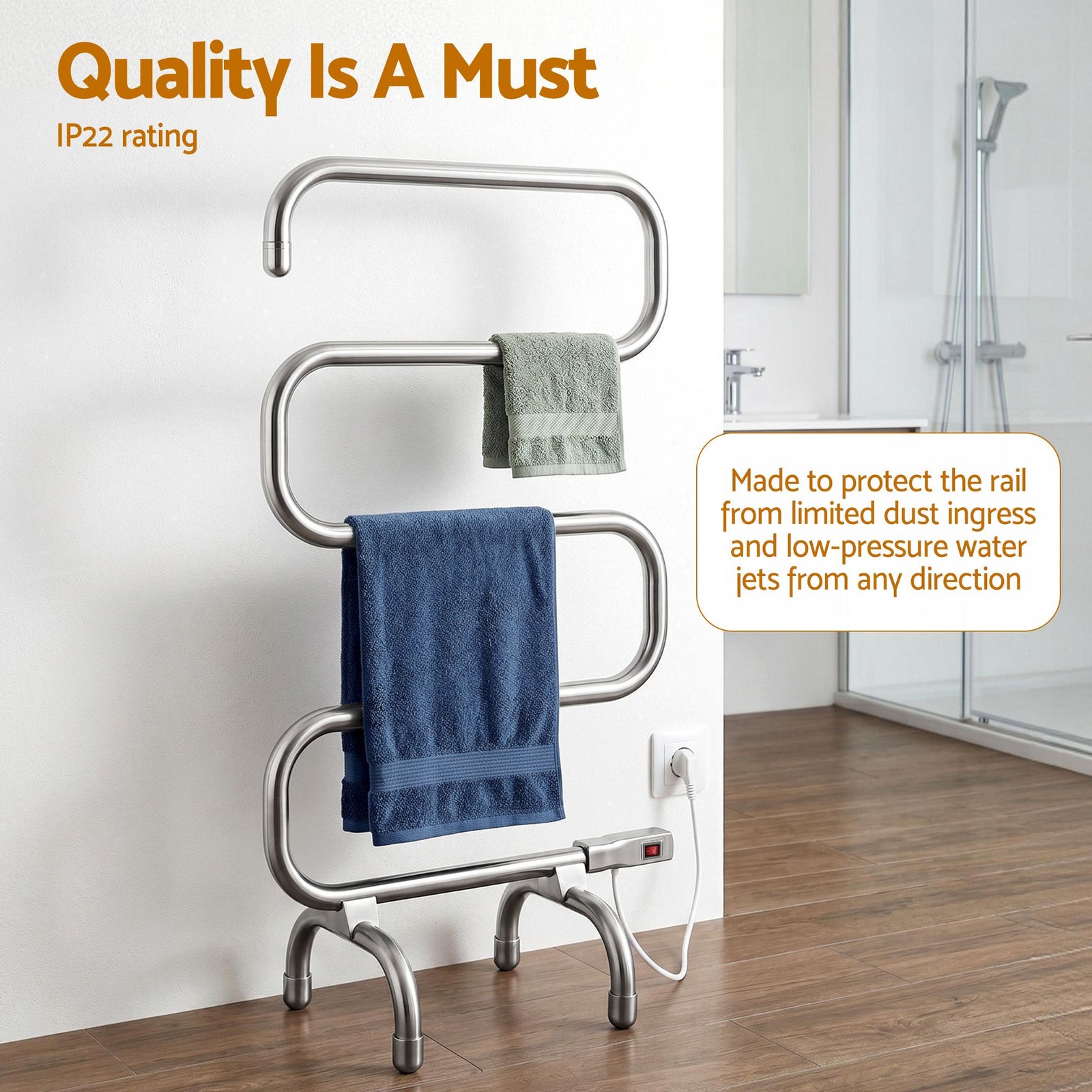 Heated Towel Rail – Freestanding 5‑Rung, 220W Stainless Steel, 40–50°C