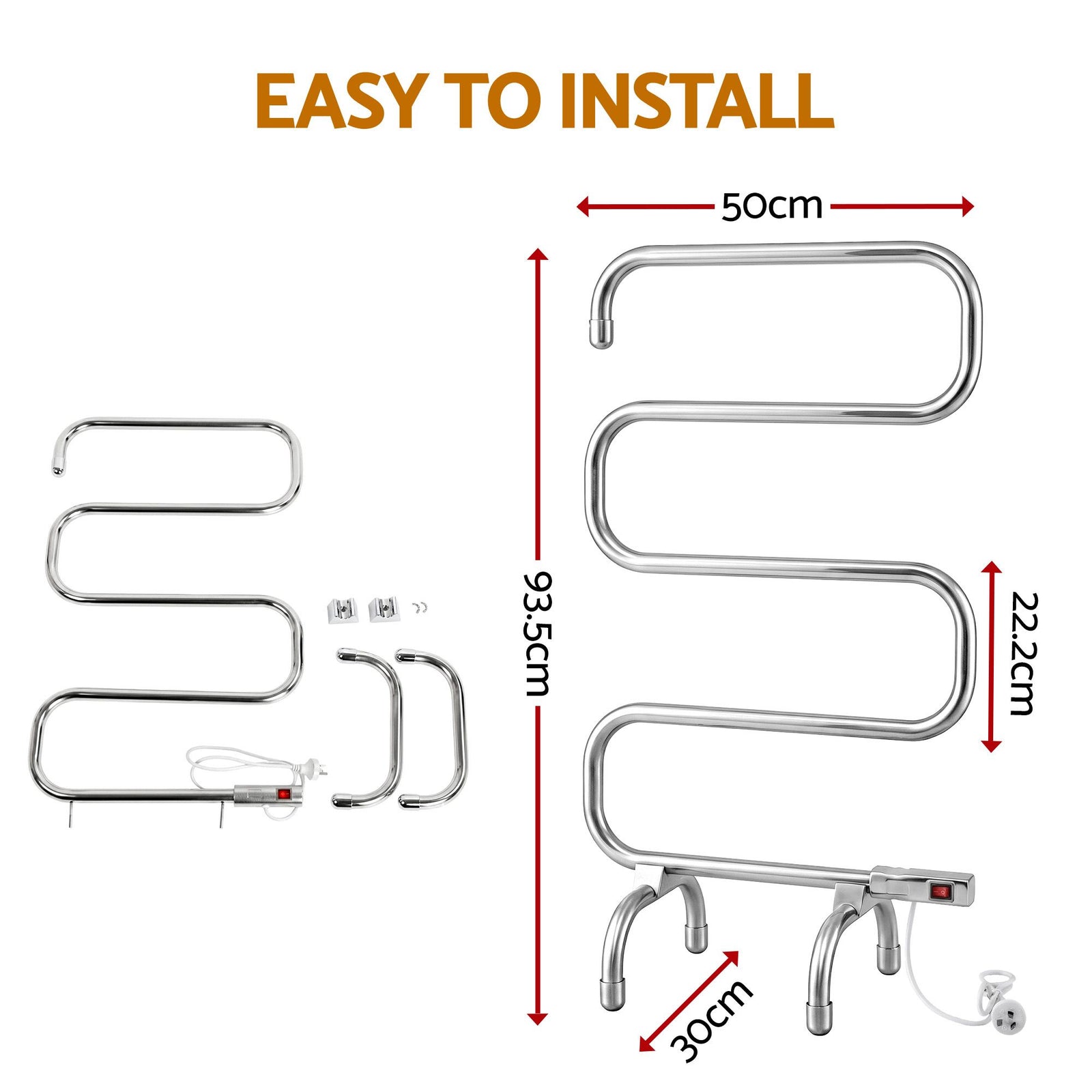 Heated Towel Rail – Freestanding 5‑Rung, 220W Stainless Steel, 40–50°C