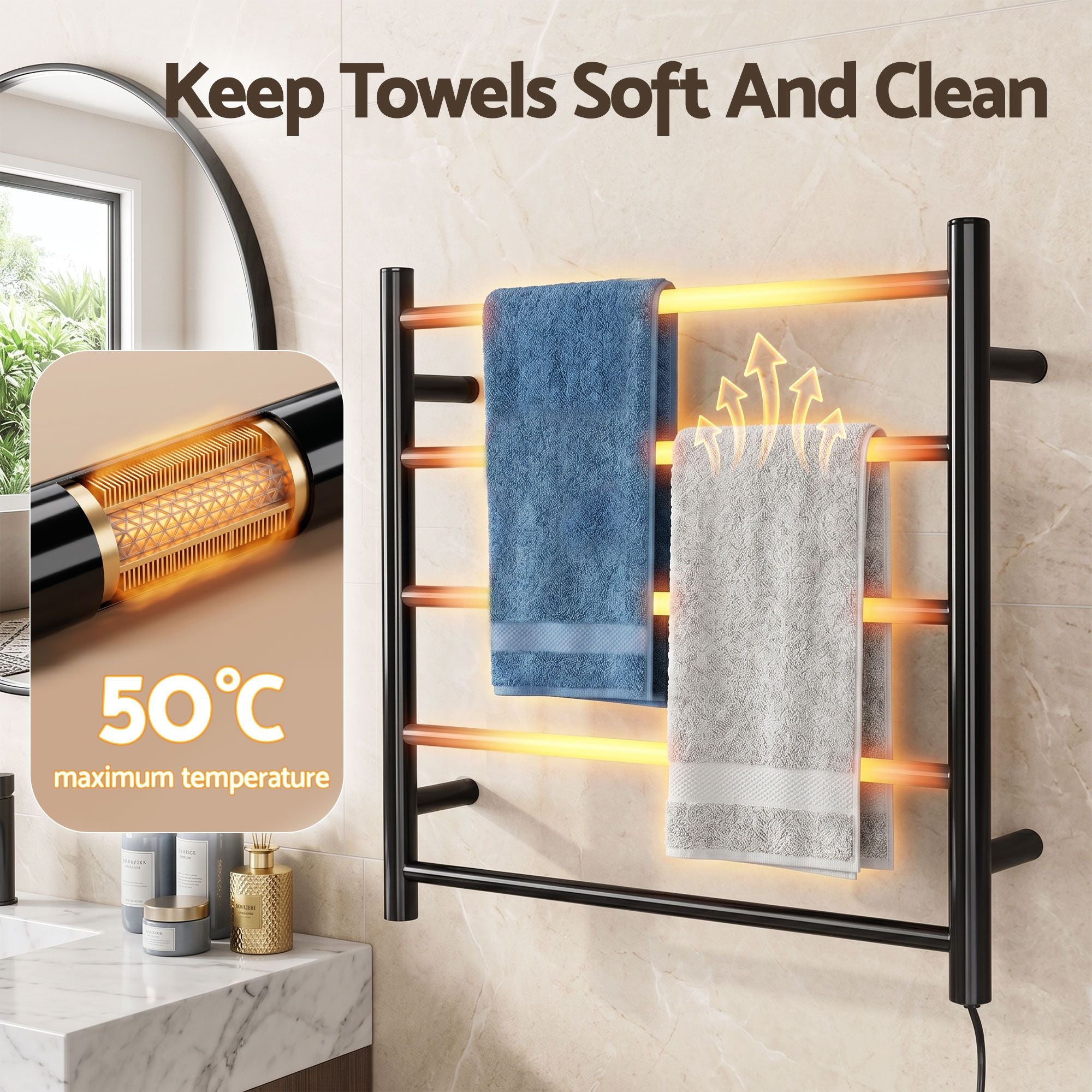 Heated Towel Rail – Wall Mounted 5‑Rail, Black Steel, 40–50°C, 80W