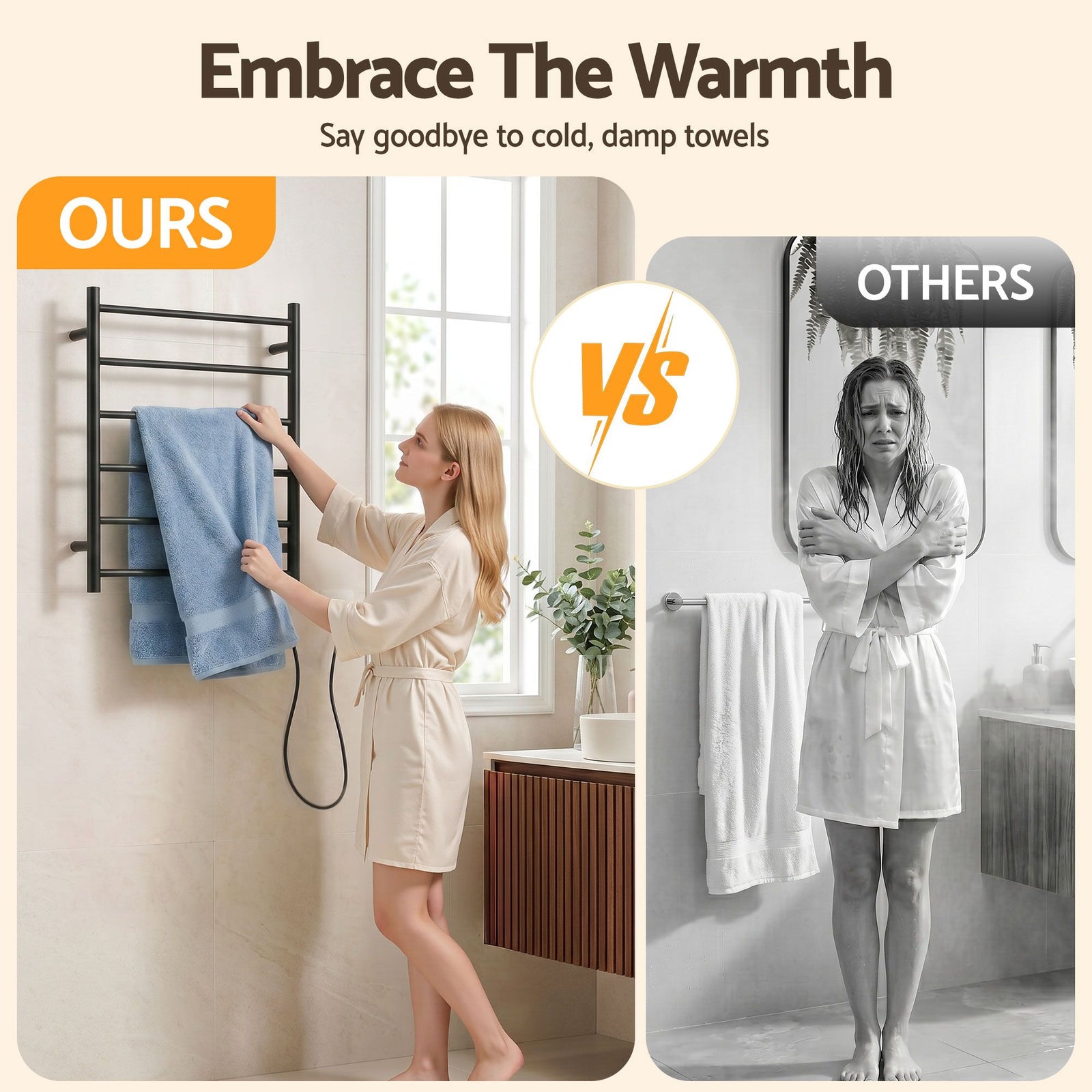 Heated Towel Rail – Wall Mounted 5‑Rail, Black Steel, 40–50°C, 80W