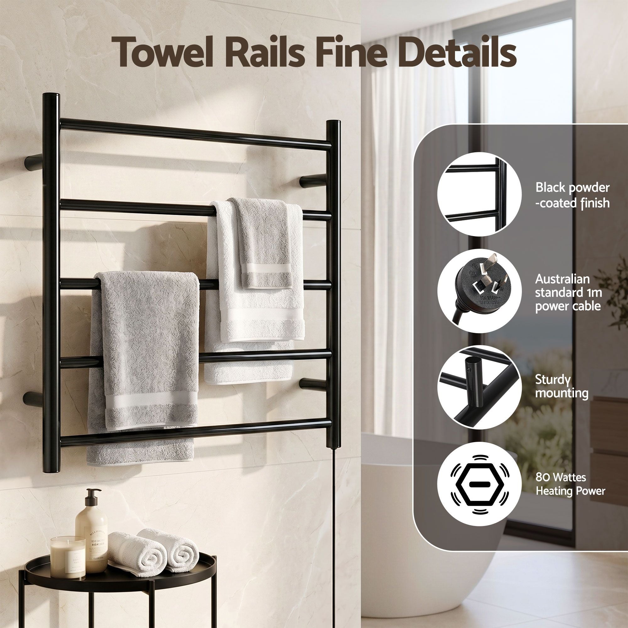 Heated Towel Rail – Wall Mounted 5‑Rail, Black Steel, 40–50°C, 80W