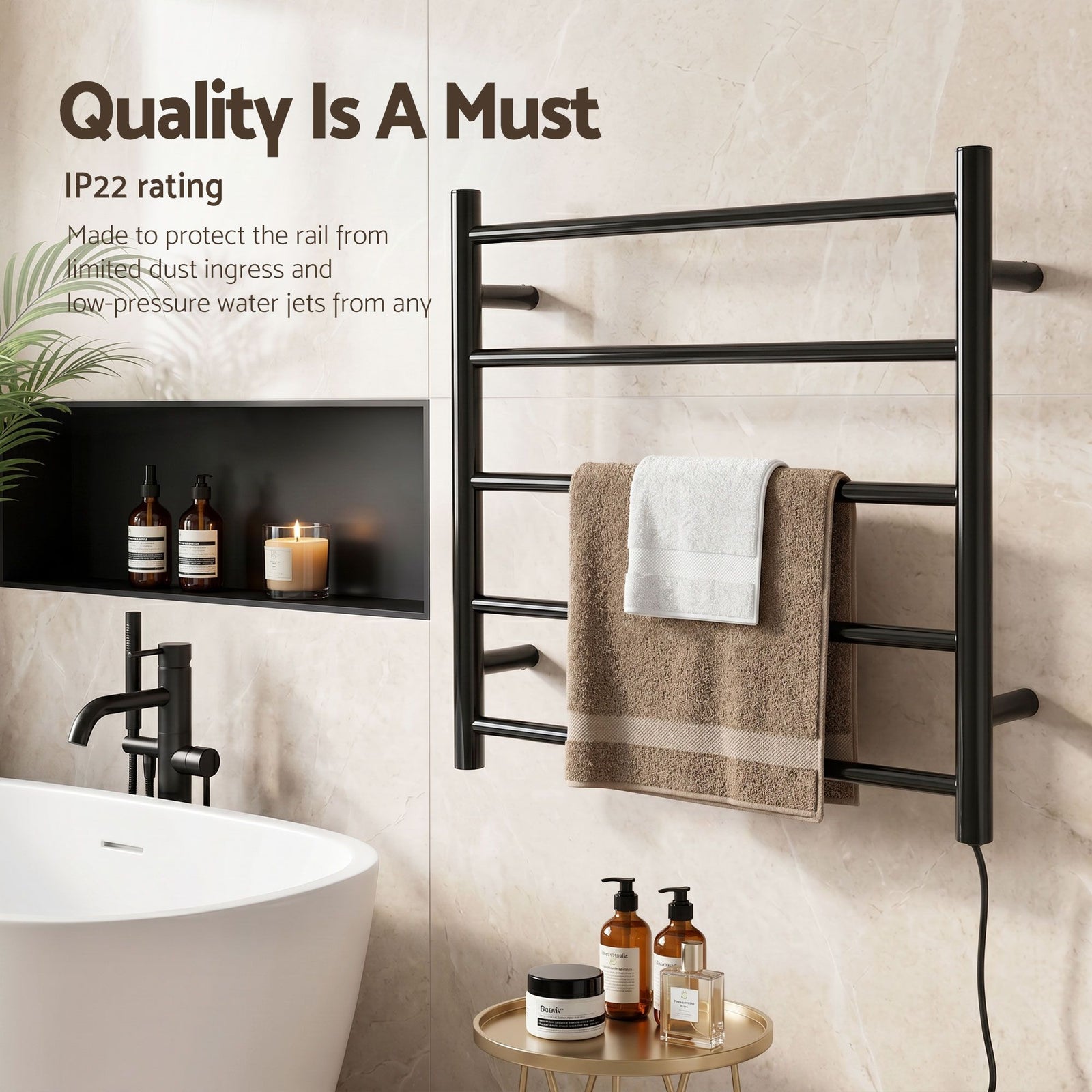 Heated Towel Rail – Wall Mounted 5‑Rail, Black Steel, 40–50°C, 80W