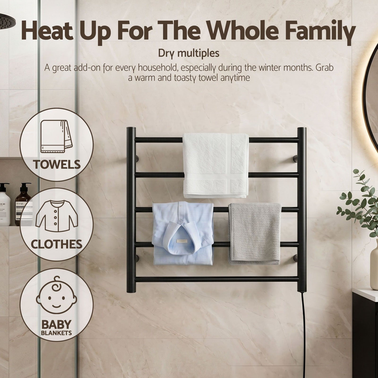 Heated Towel Rail – Wall Mounted 5‑Rail, Black Steel, 40–50°C, 80W