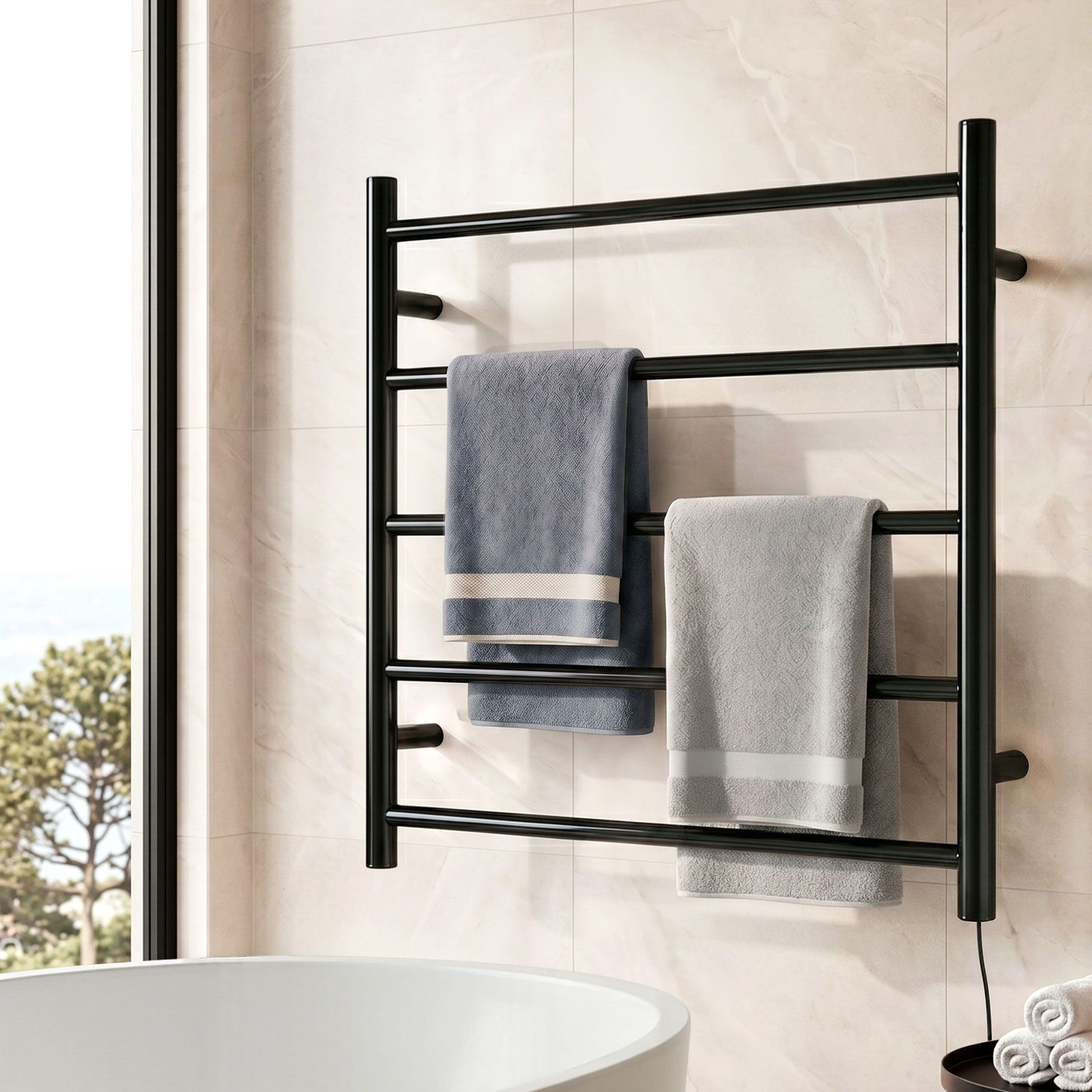 Heated Towel Rail – Wall Mounted 5‑Rail, Black Steel, 40–50°C, 80W
