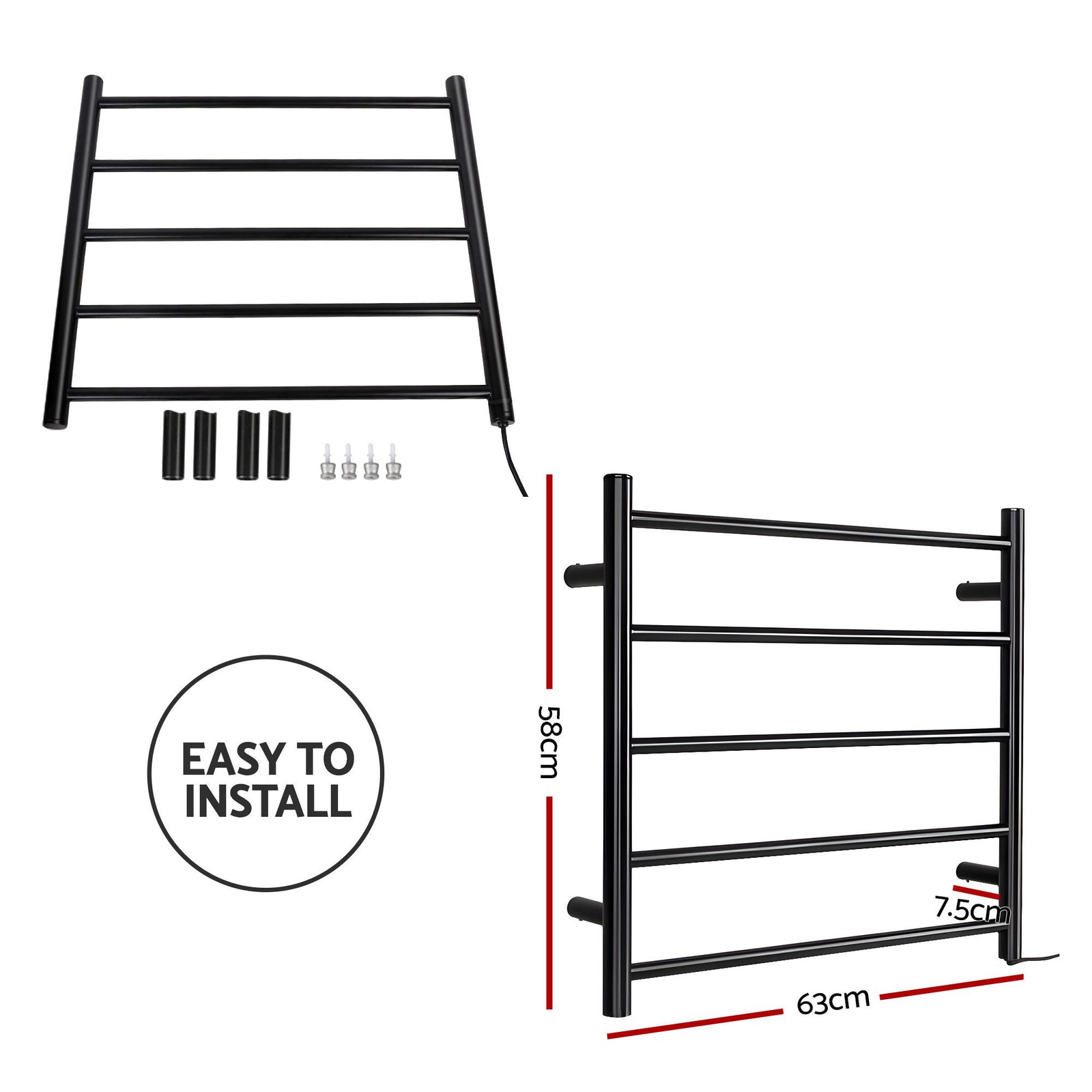 Heated Towel Rail – Wall Mounted 5‑Rail, Black Steel, 40–50°C, 80W